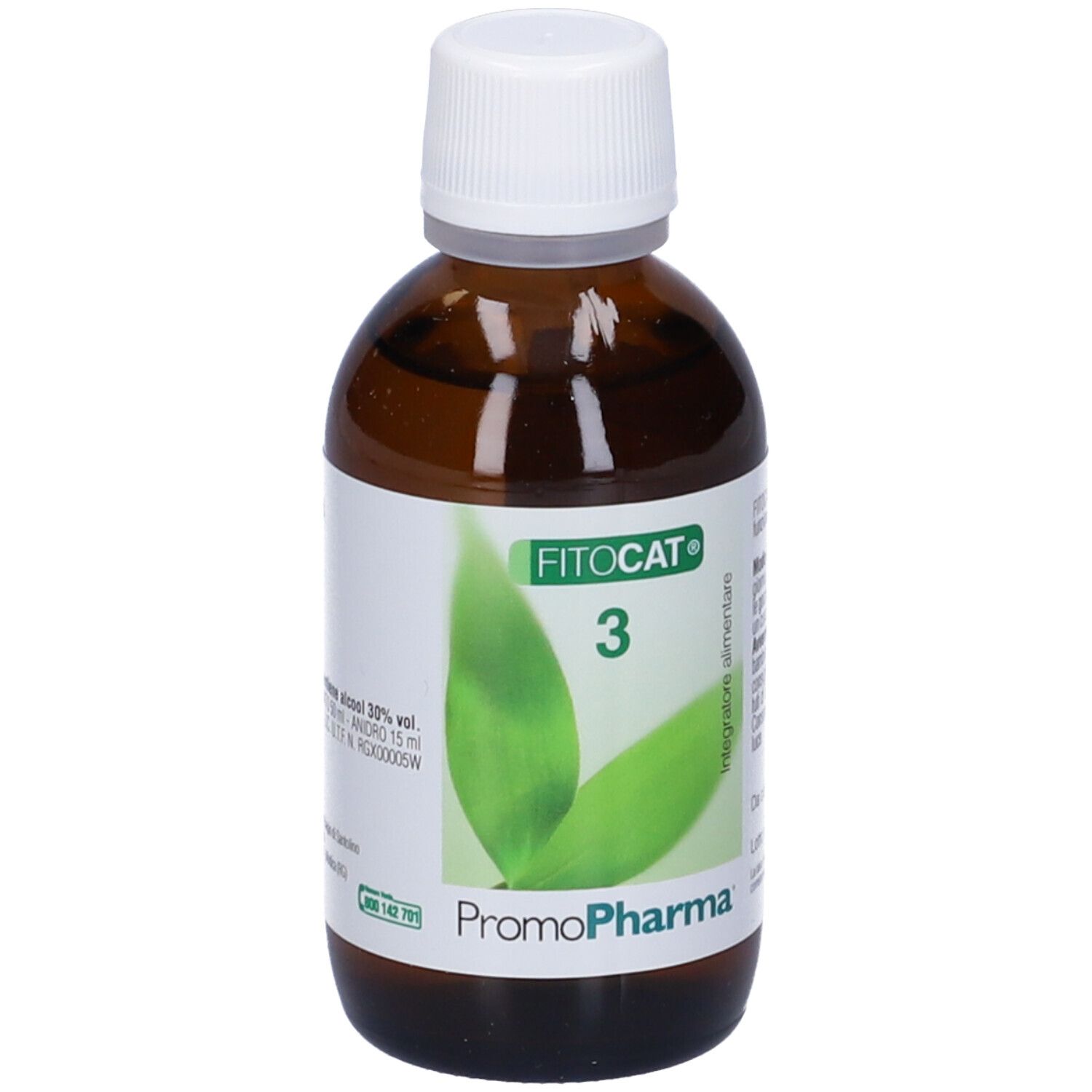 Flacone in vetro marrone con tappo bianco. Scritta: FitoCat 3. Etichetta con motivo a foglie, logo PromoPharma e ingredienti.