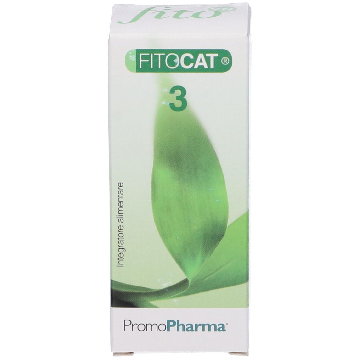 Confezione in cartone verde e bianca. Scritta: FitoCat 3. Motivo a foglie e logo PromoPharma.