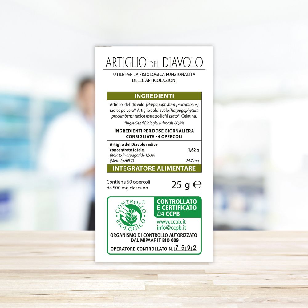 Retro della confezione del prodotto. Testo: Artiglio del Diavolo. Elenco ingredienti, informazioni nutrizionali, certificazione.