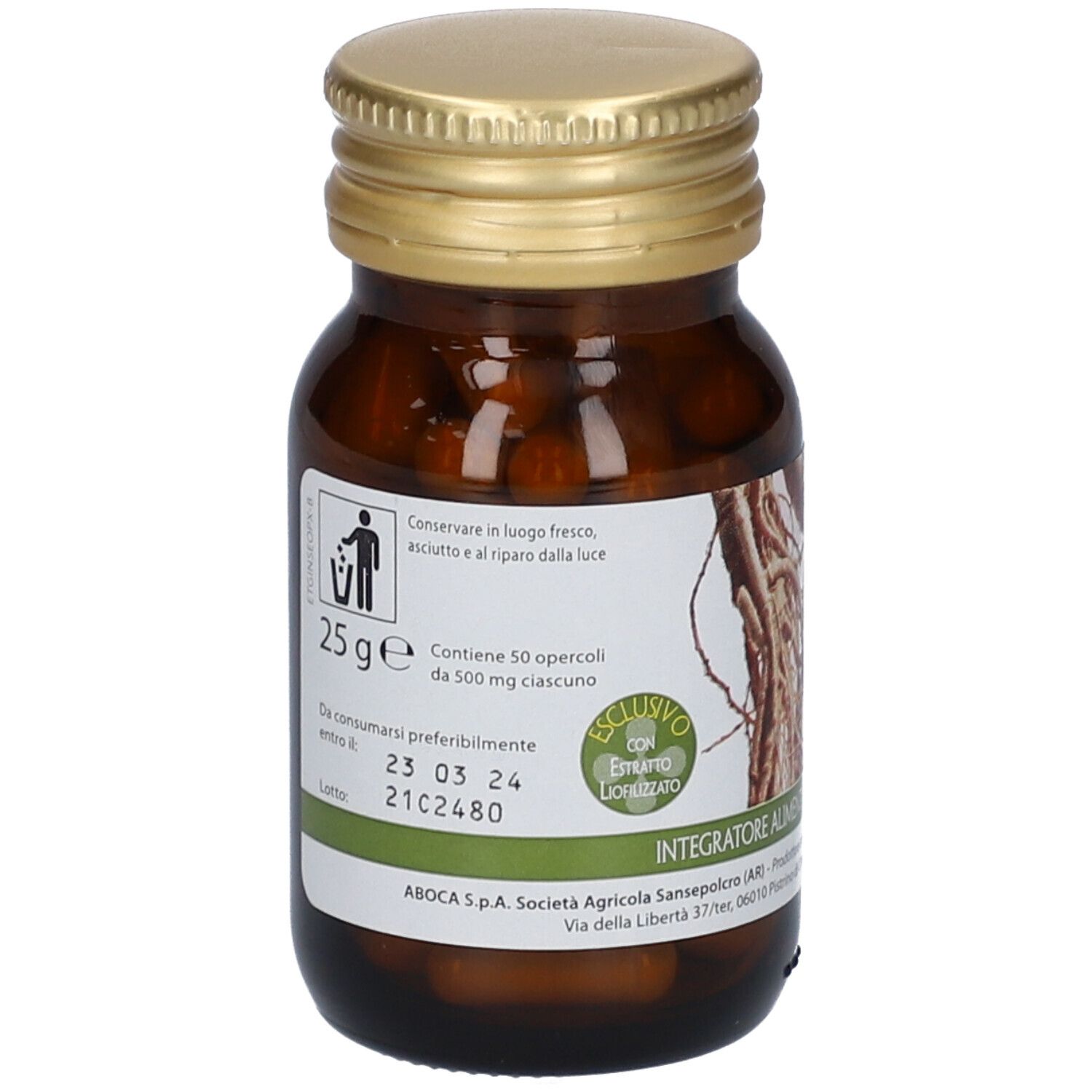 Flacone di vetro marrone con tappo dorato. Testo: Ginseng. 25 g. Etichetta con testo. Capsule visibili.