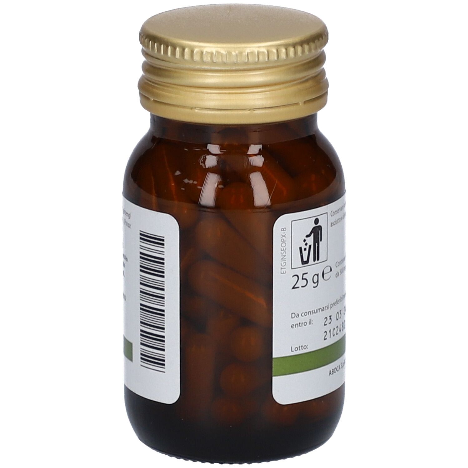 Flacone di vetro marrone con tappo dorato. Testo: Ginseng. Capsule visibili. Etichetta con testo.