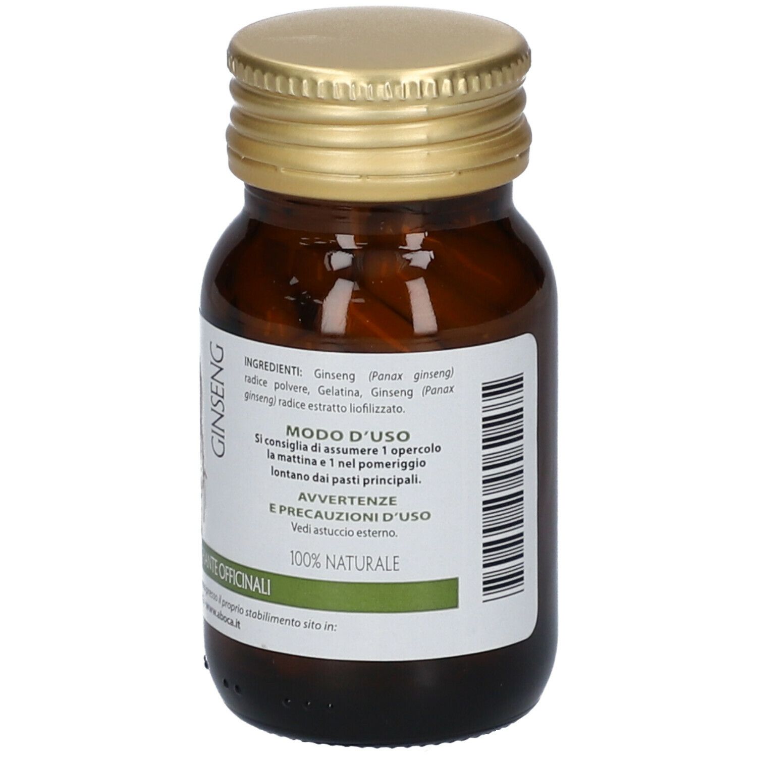 Flacone di vetro marrone con tappo dorato. Testo: Ginseng. Etichetta con testo. Capsule visibili.