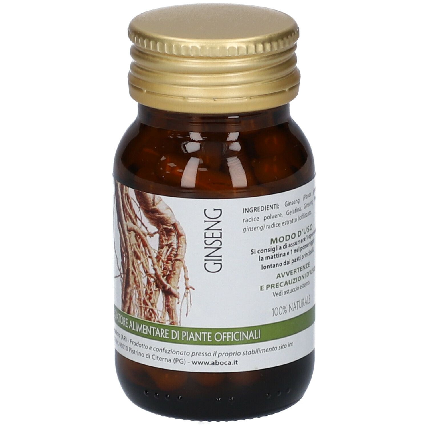 Flacone di vetro marrone con tappo dorato. Testo: Ginseng. Etichetta con testo. Capsule visibili.