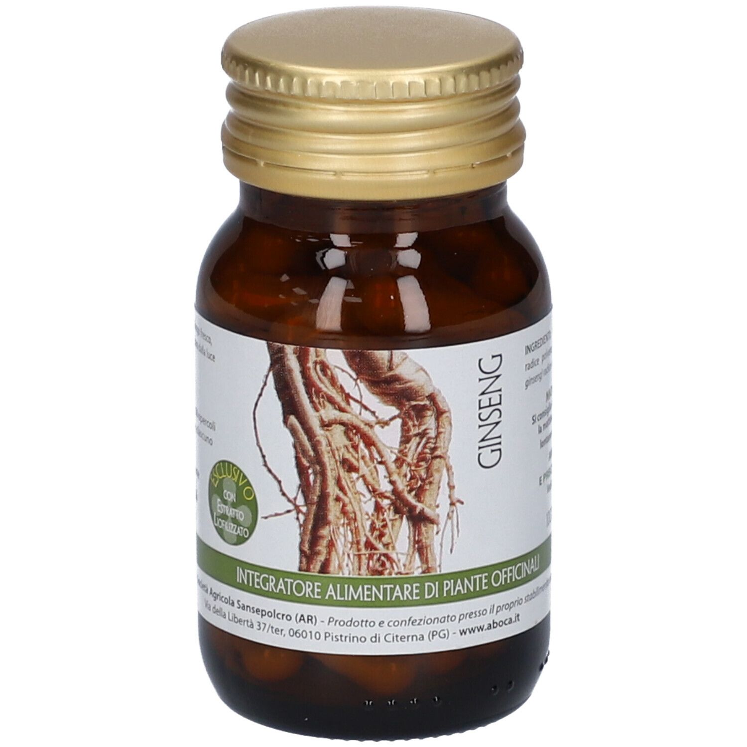 Flacone di vetro marrone con tappo dorato. Testo: Ginseng. Etichetta con testo. Capsule visibili.