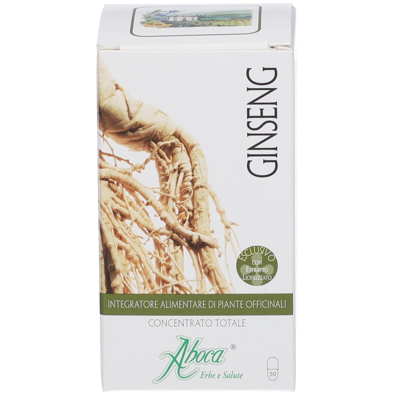 Scatola bianca con radice di ginseng. Testo: Ginseng, Aboca, Concentrato Totale. Scritte verdi e bianche.