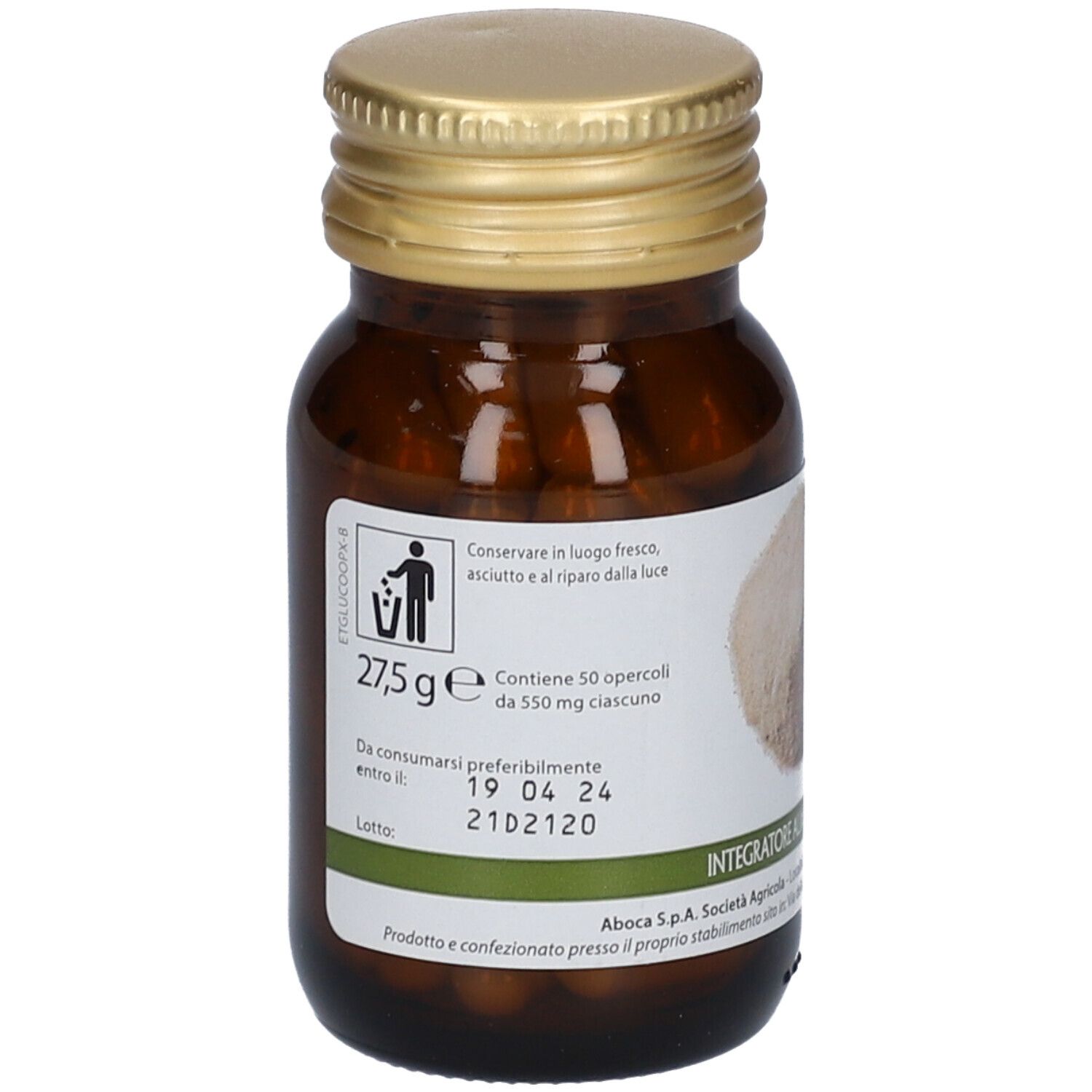 Flacone di vetro marrone con coperchio dorato. Scritto: Glucomannano. Contiene capsule.