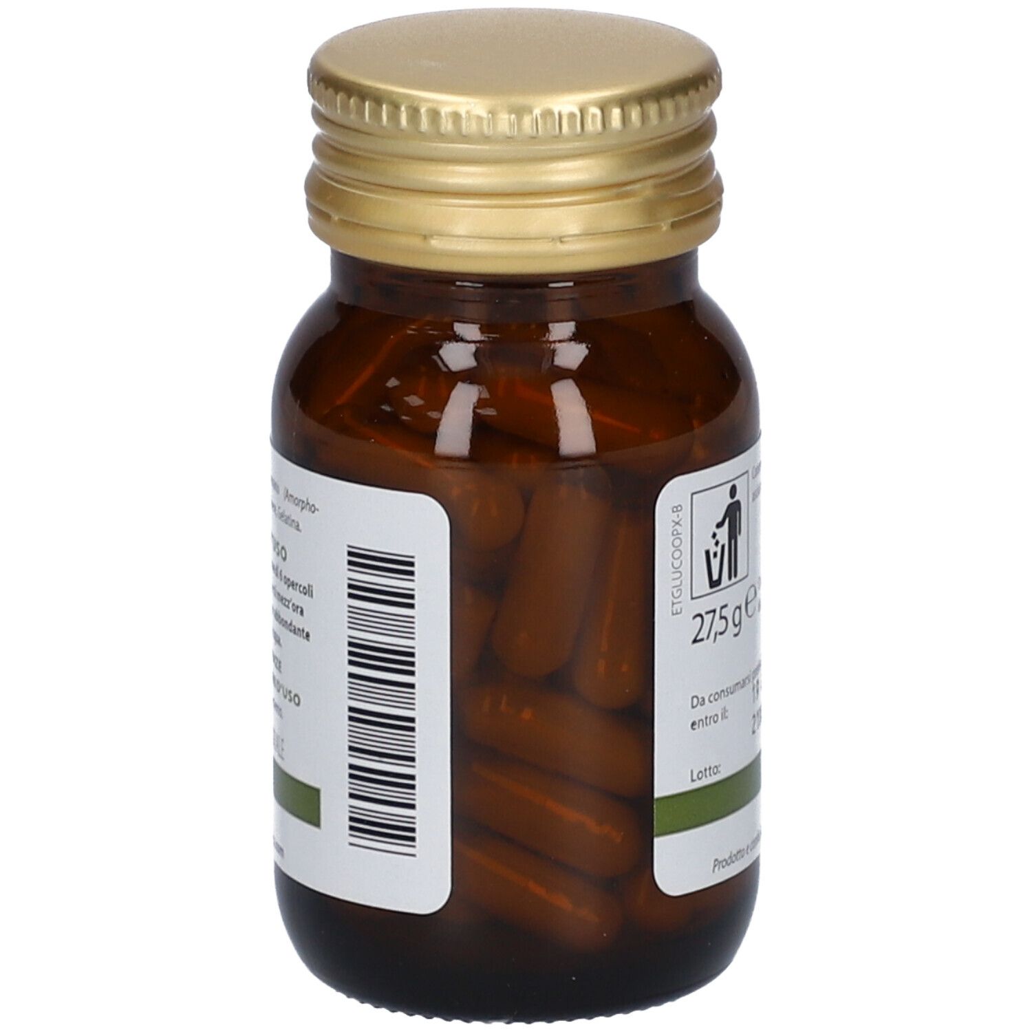 Flacone di vetro marrone con coperchio dorato. Scritto: Glucomannano. Contiene capsule.