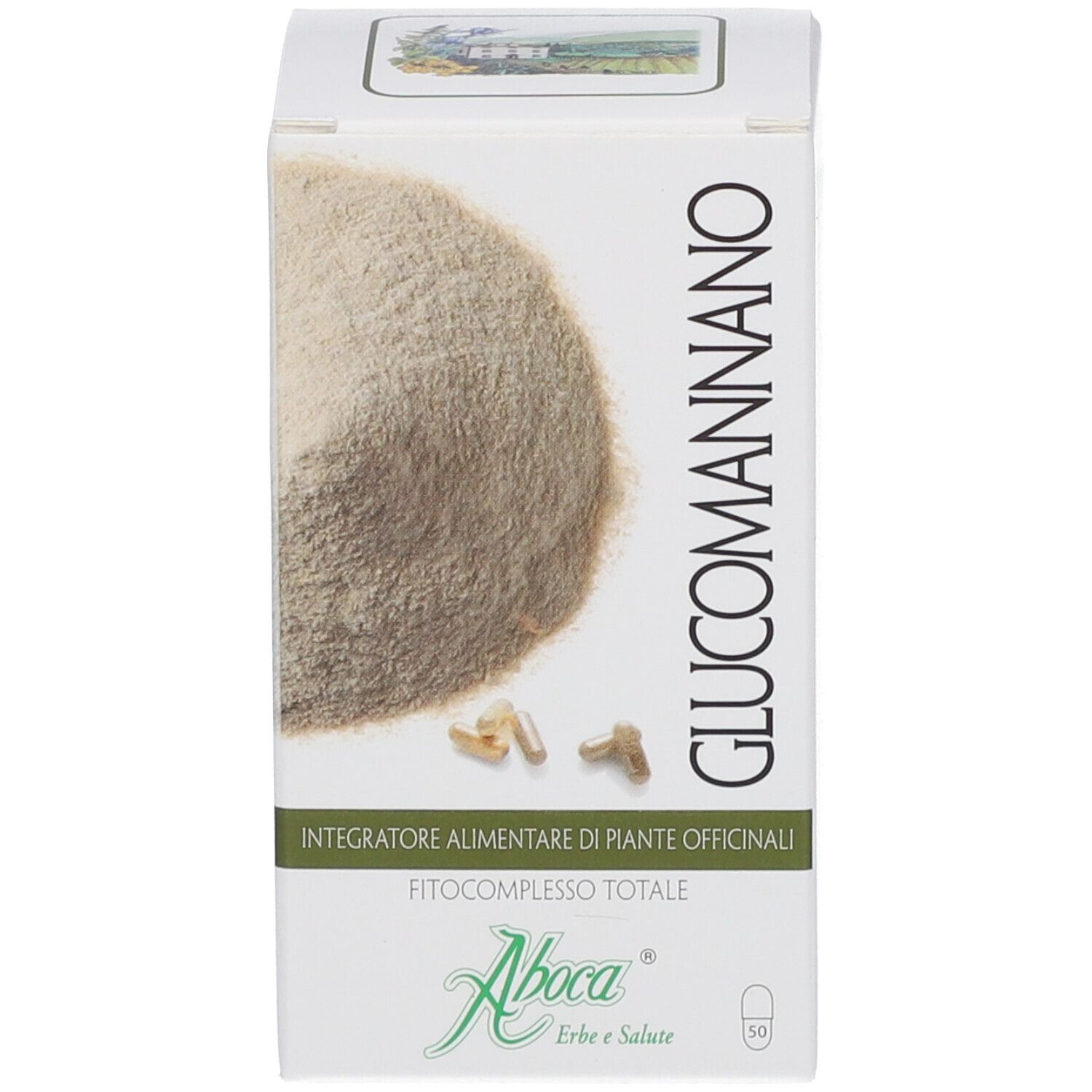 Scatola bianca con immagine e testo. Scritto: Glucomannano, Aboca.