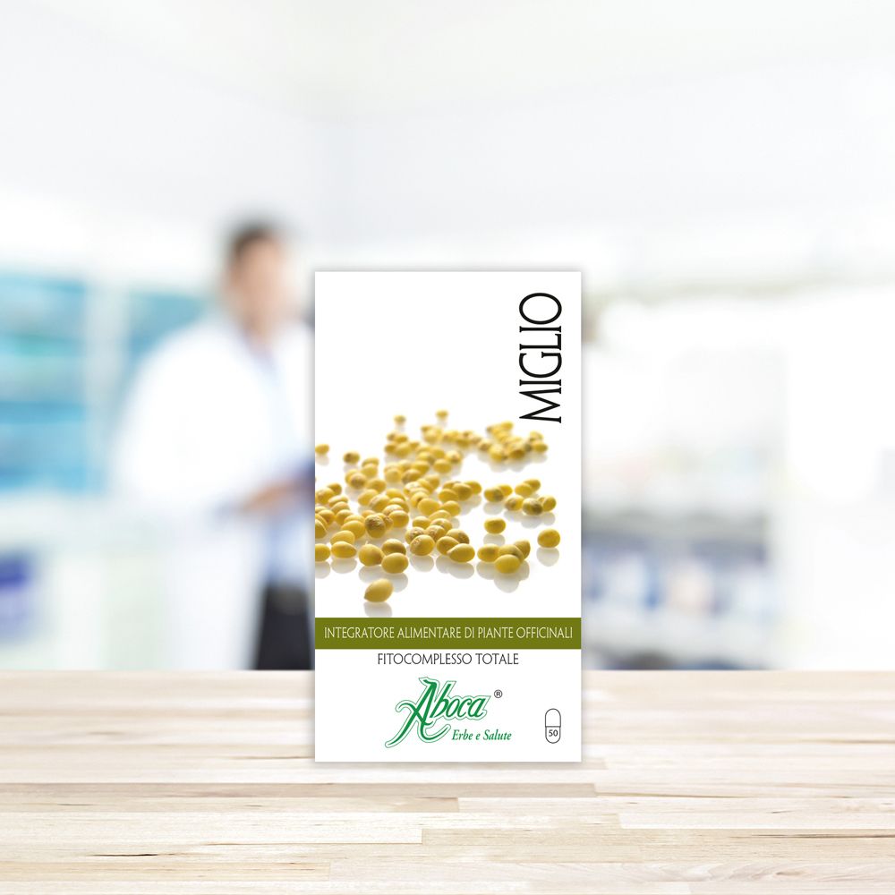 Confezione Aboca Miglio. Nome del prodotto e logo su sfondo bianco. Capsule gialle raffigurate.