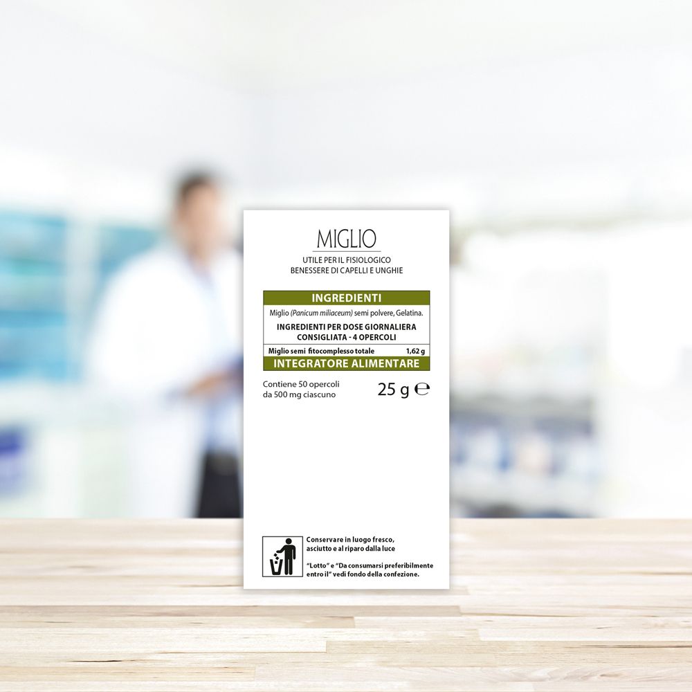 Retro confezione Aboca Miglio. Ingredienti e informazioni sul prodotto stampate.