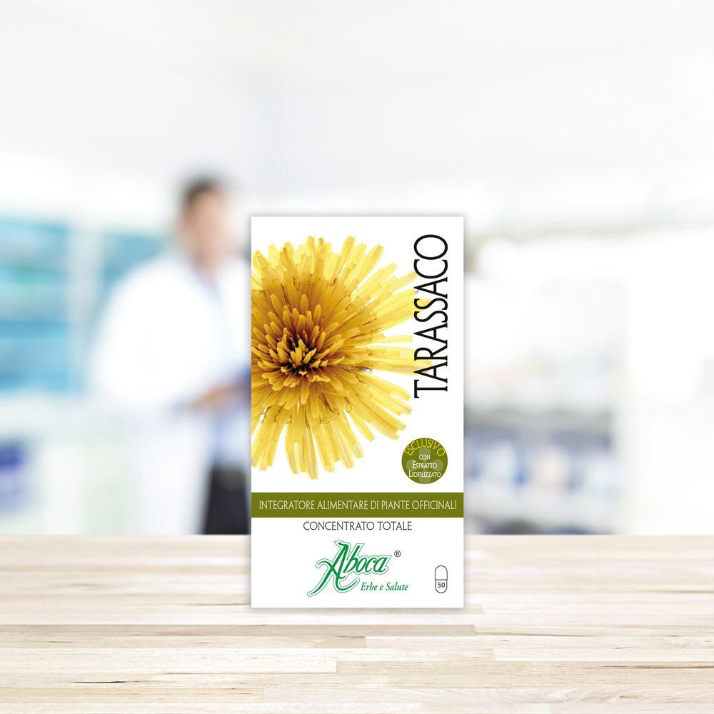 Confezione del prodotto con fiore giallo e scritta TARASSACO. Marchio Aboca®.