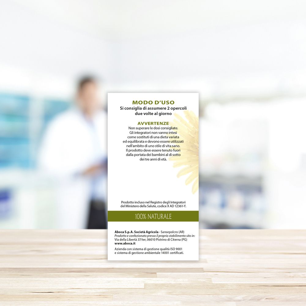 Flacone di vetro marrone con tappo dorato. Etichetta con fiore giallo e scritta TARASSACO.