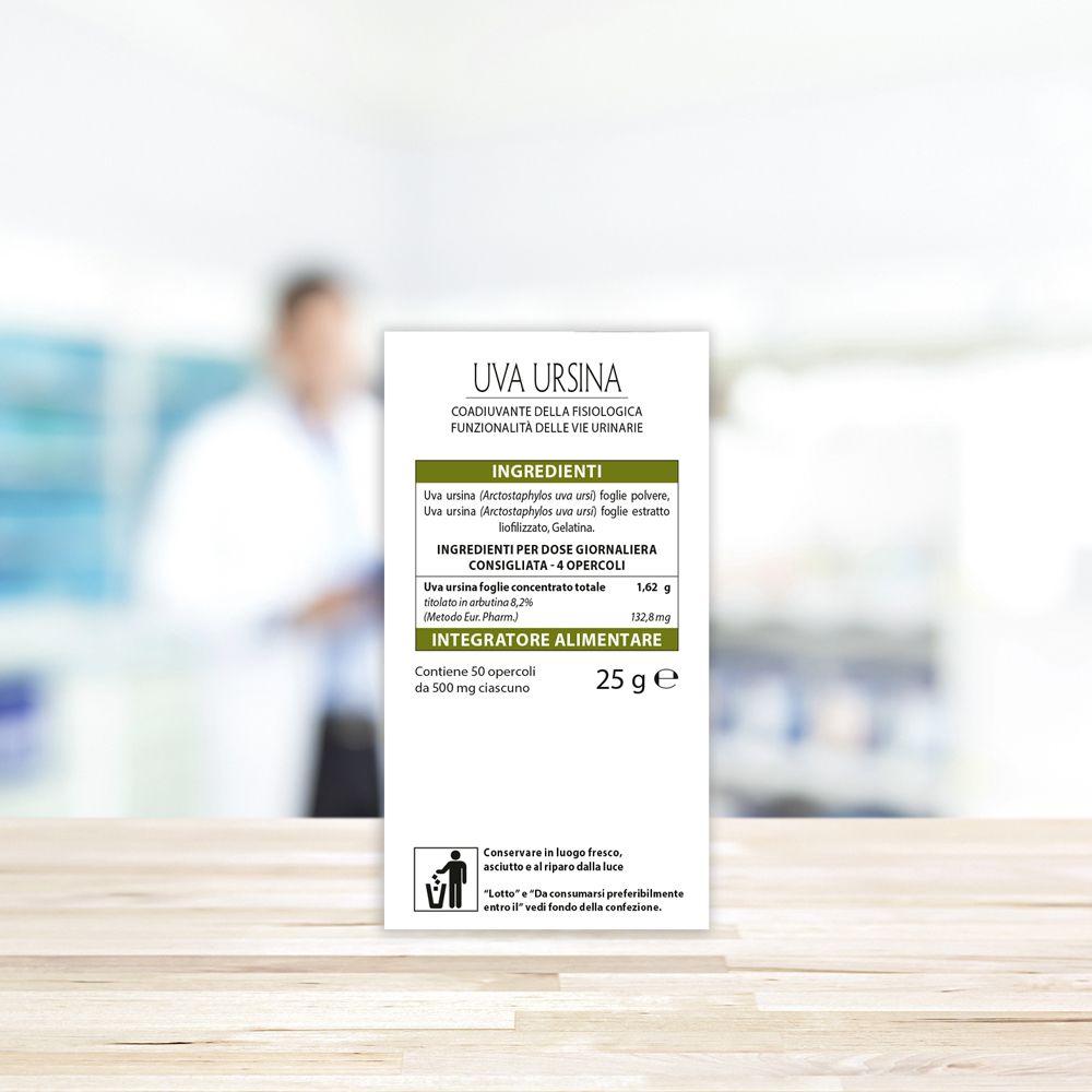 Retro della confezione con ingredienti e informazioni nutrizionali. Testo: Uva Ursina, 25 g.