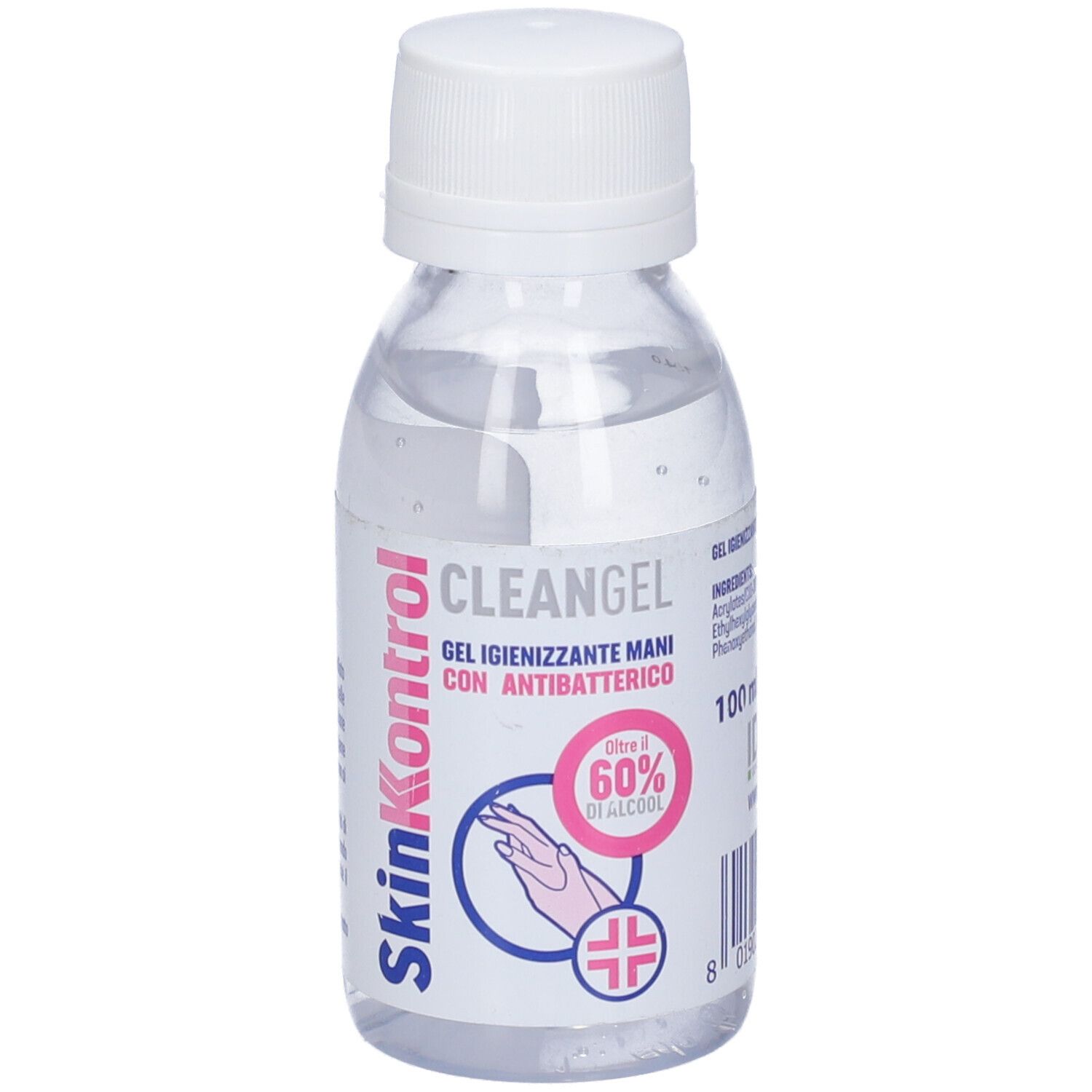 Flacone di gel trasparente con tappo bianco. Scritta: SkinKontrol, Cleangel, Gel igienizzante mani con antibatterico. Contiene oltre il 60% di alcool.