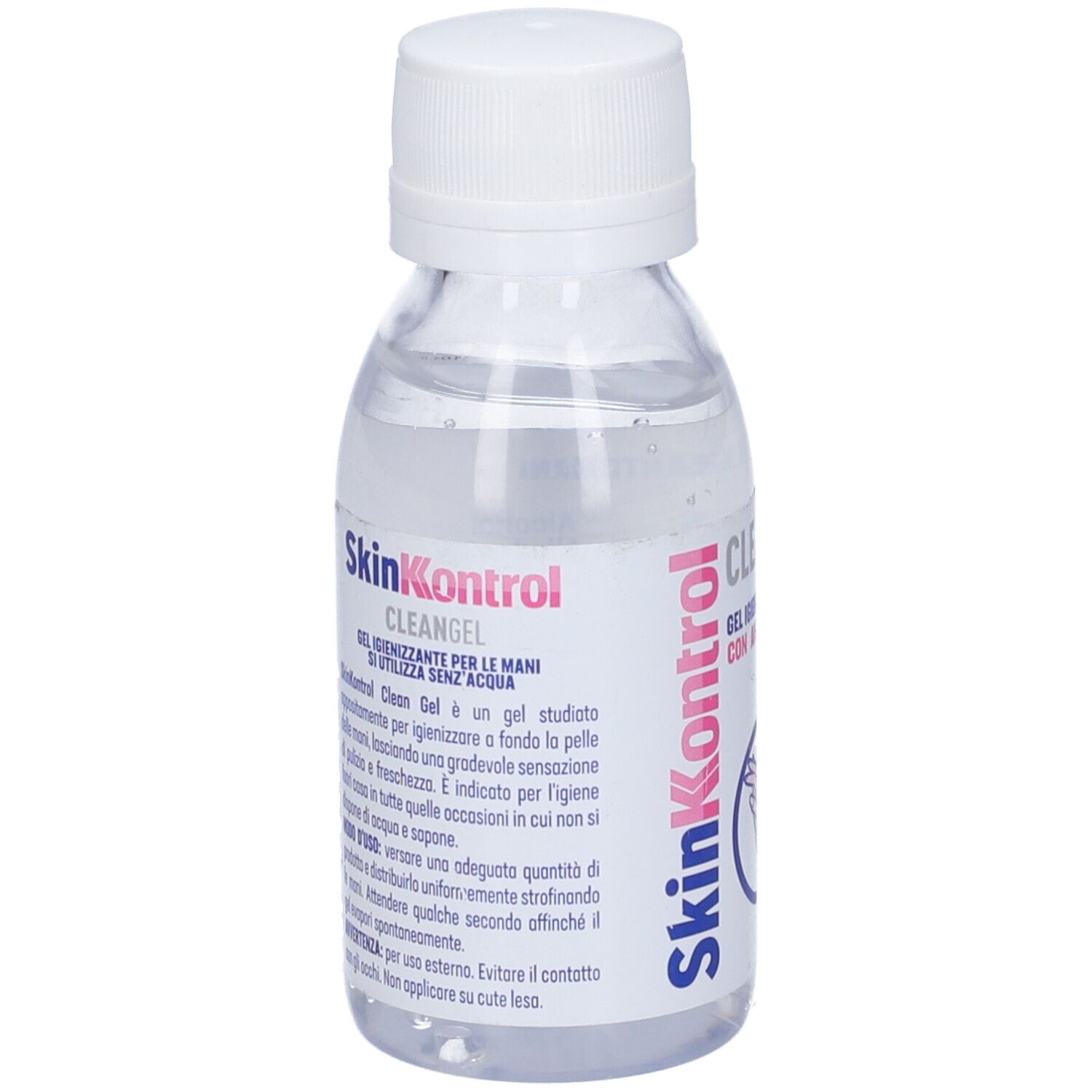 Flacone di gel trasparente con tappo bianco. Scritta: SkinKontrol, Cleangel, Gel igienizzante per le mani. Informazioni sul prodotto sull'etichetta.