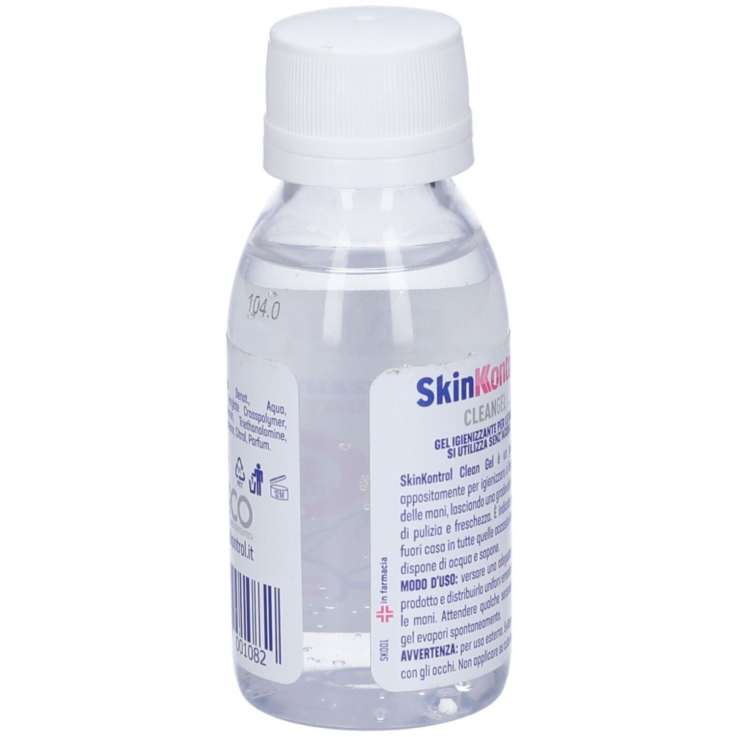 Flacone di gel trasparente con tappo bianco. Scritta: SkinKontrol, Cleangel, Gel igienizzante per le mani. Informazioni sul prodotto sul retro.