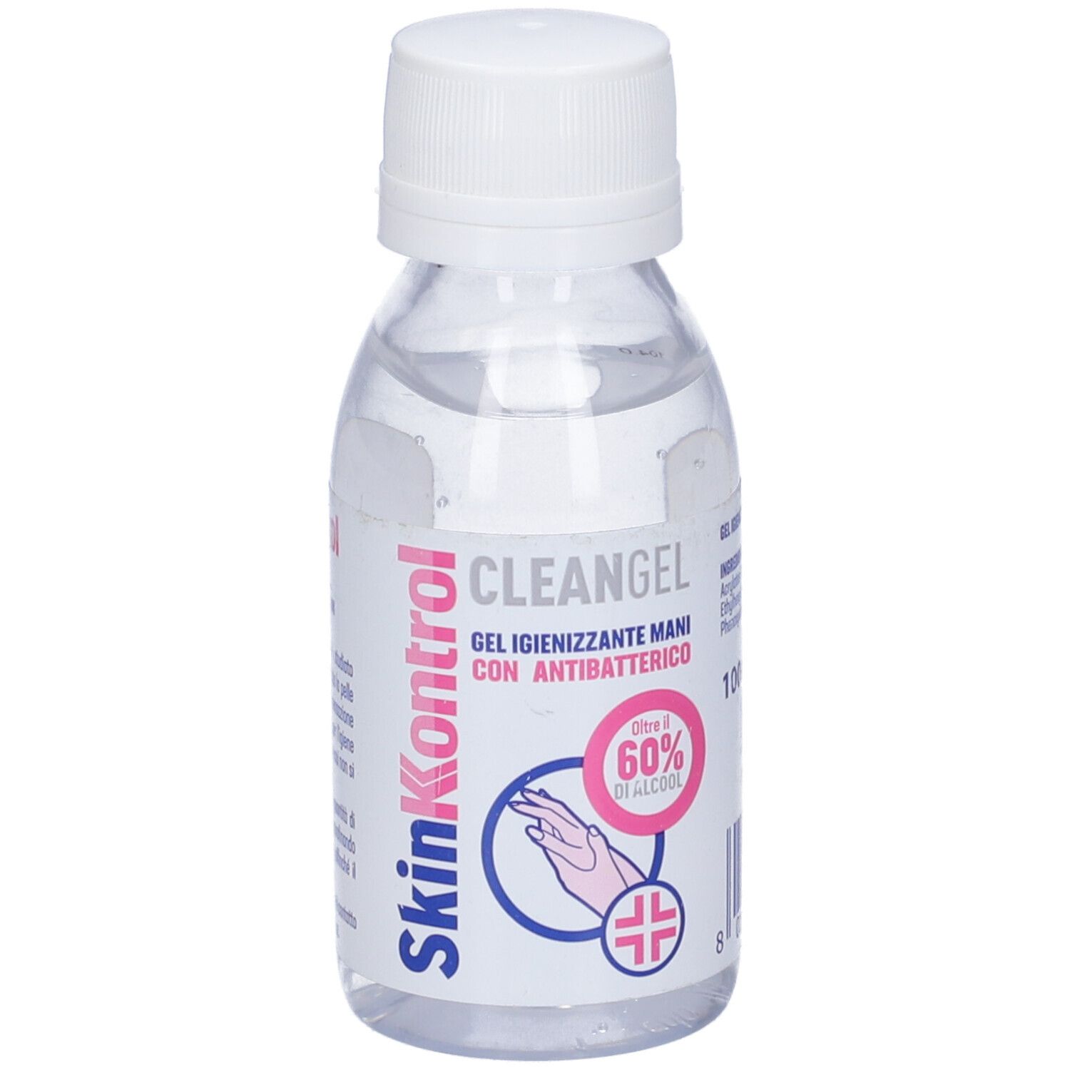 Flacone di gel trasparente con tappo bianco. Scritta: SkinKontrol, Cleangel, Gel igienizzante per le mani. Contiene oltre il 60% di alcool.