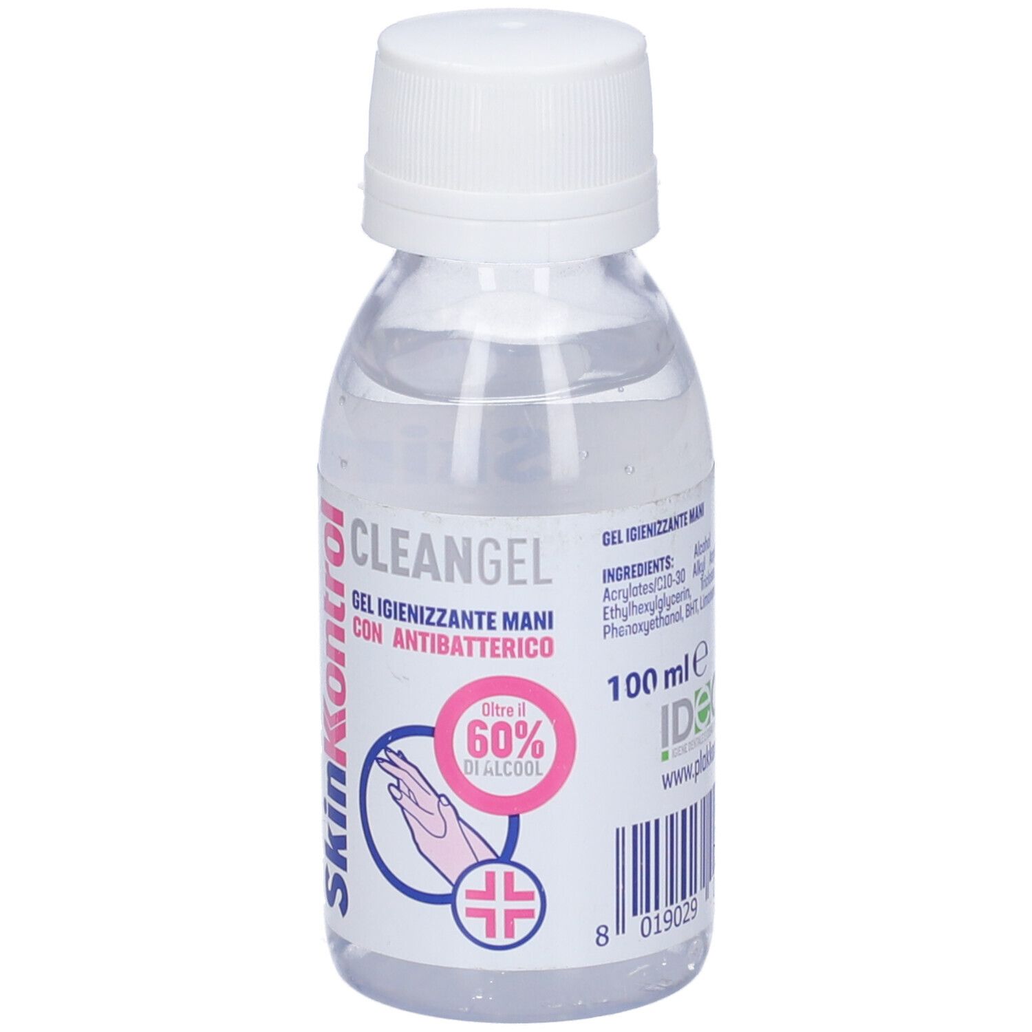 Flacone di gel trasparente con tappo bianco. Scritta: SkinKontrol, Cleangel, Gel igienizzante per le mani. Contiene oltre il 60% di alcool.