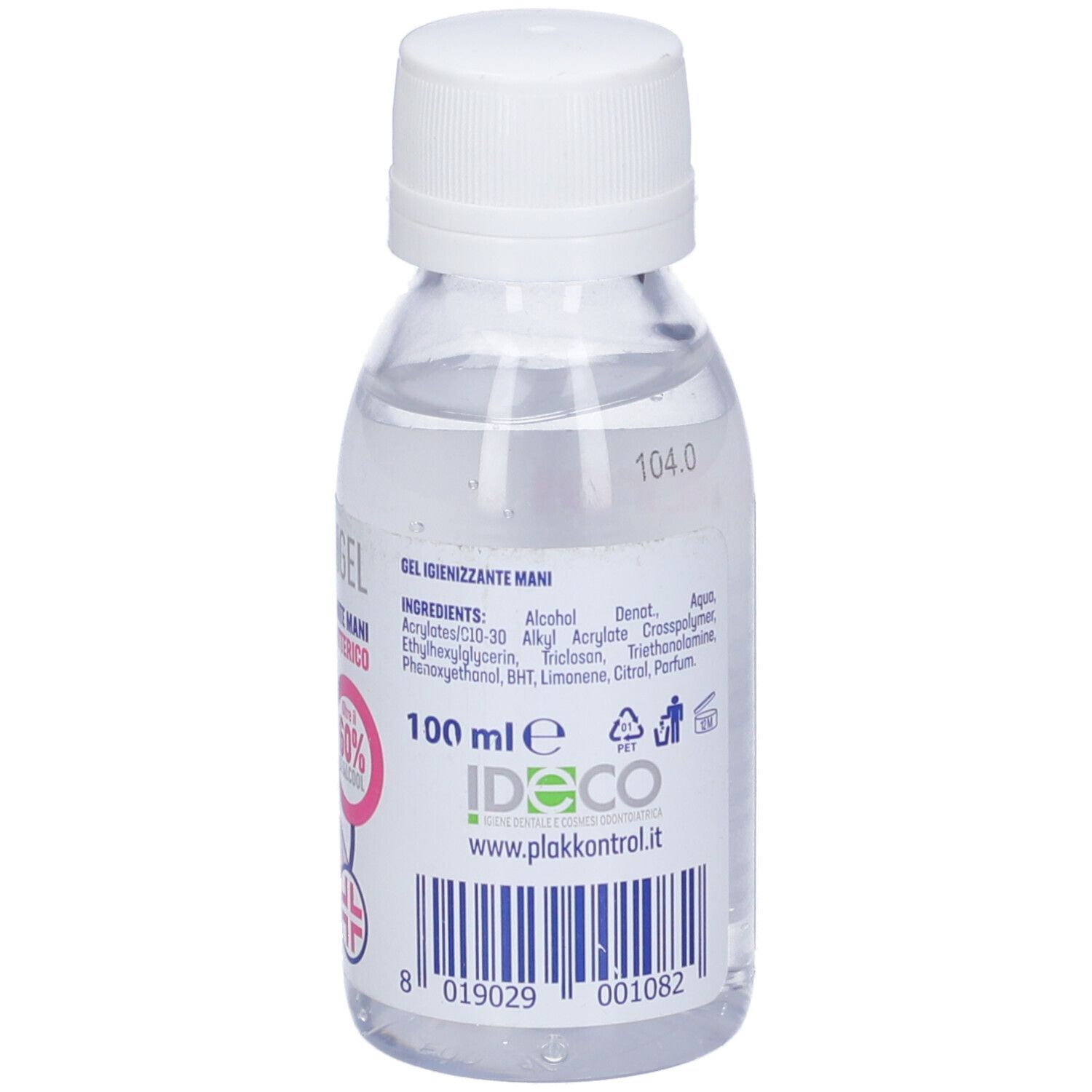 Flacone di gel trasparente con tappo bianco. Scritta: SkinKontrol, Cleangel, Gel igienizzante per le mani. Informazioni sul prodotto e logo.