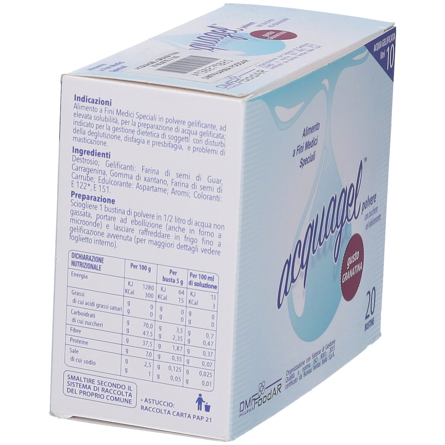 Retro della scatola di polvere "acquagel". Contiene informazioni nutrizionali e lista ingredienti. Testo: "Alimento a Fini Medici Speciali".