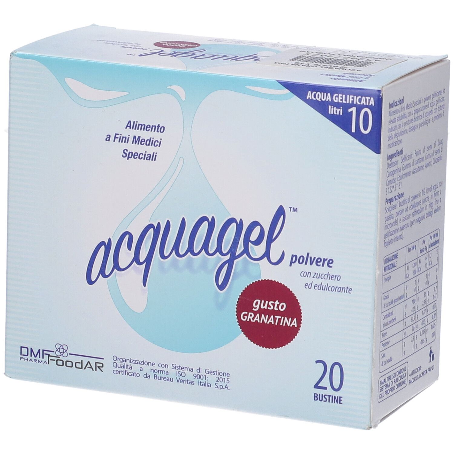 Scatola di polvere "acquagel", gusto granatina, 20 bustine. Grafica goccia blu. Testo: "Alimento a Fini Medici Speciali".