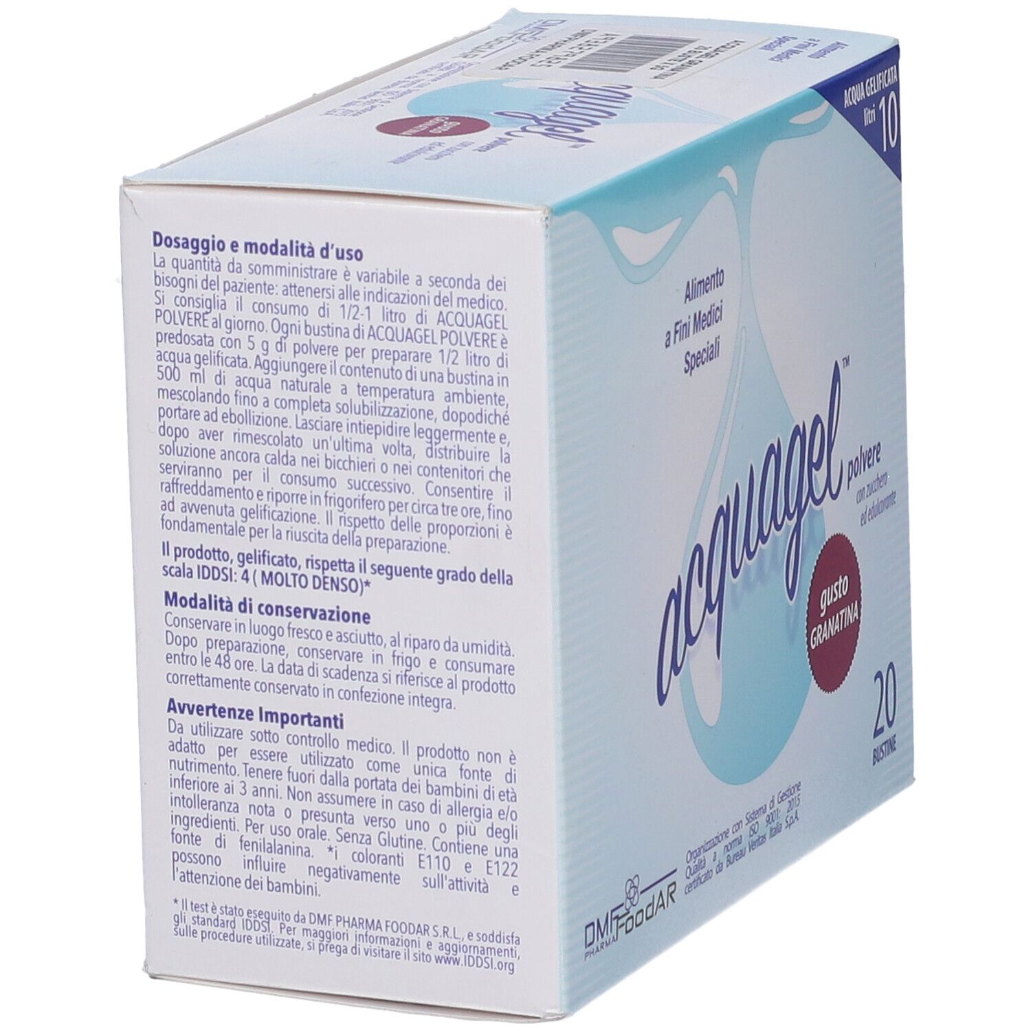 Scatola di polvere "acquagel", gusto granatina, 20 bustine. Grafica goccia blu. Testo: "Alimento a Fini Medici Speciali".