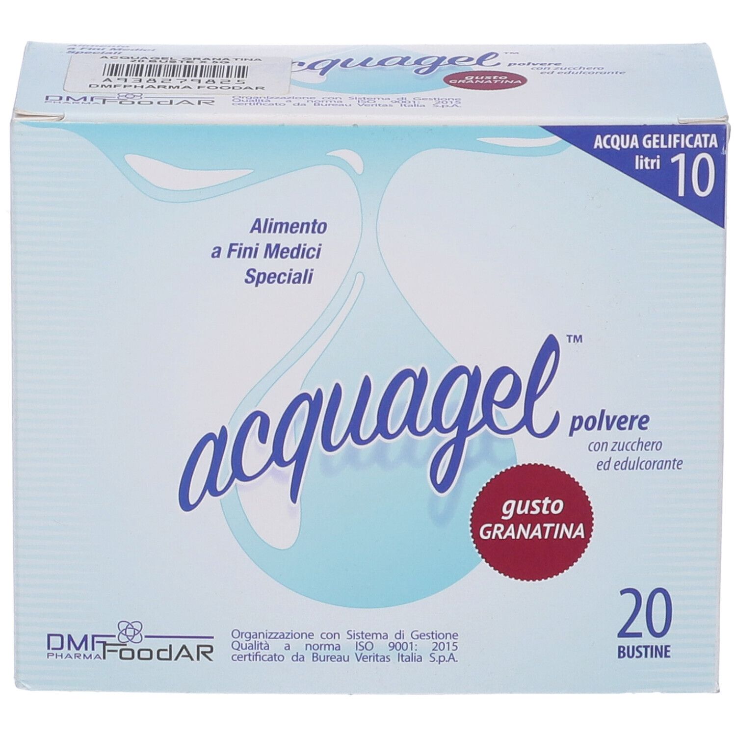 Scatola di polvere "acquagel", gusto granatina, 20 bustine. Grafica goccia blu. Testo: "Alimento a Fini Medici Speciali".