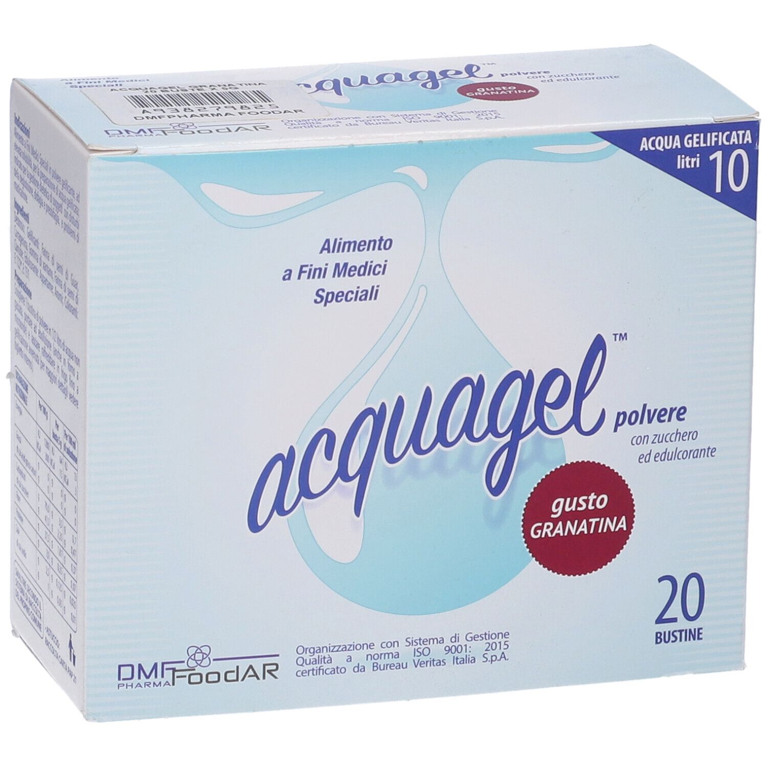 Scatola di polvere "acquagel", gusto granatina, 20 bustine. Grafica goccia blu. Testo: "Alimento a Fini Medici Speciali".