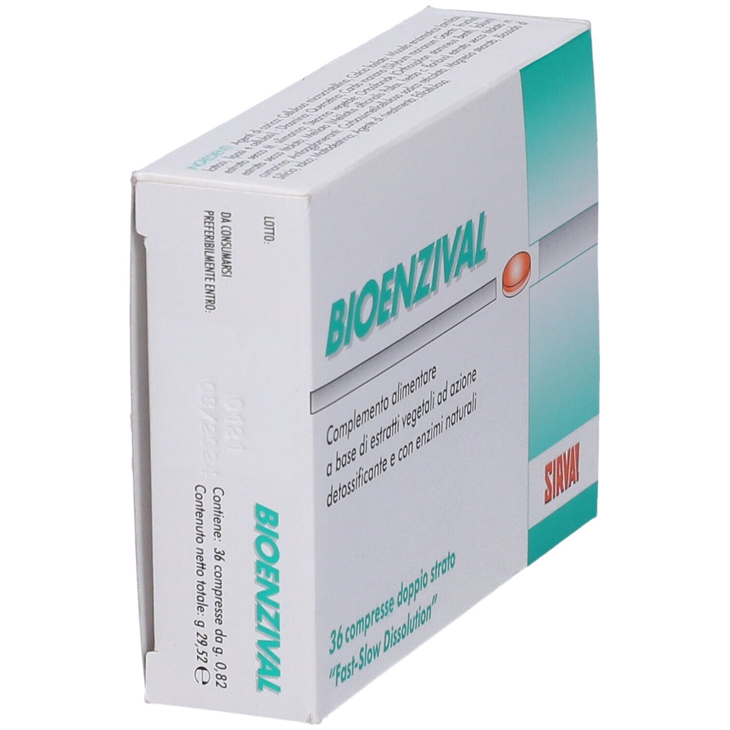 Scatola "BIOENZIVAL" in prospettiva. 36 compresse. Testo italiano. Marchio SIAVAI. Compressa arancione.