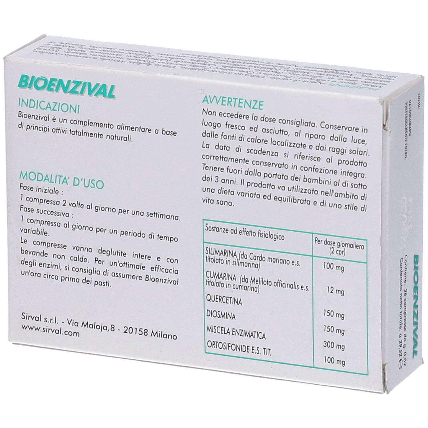 Retro scatola "BIOENZIVAL". Testo italiano. Ingredienti e istruzioni per l'uso. Tabella ingredienti.