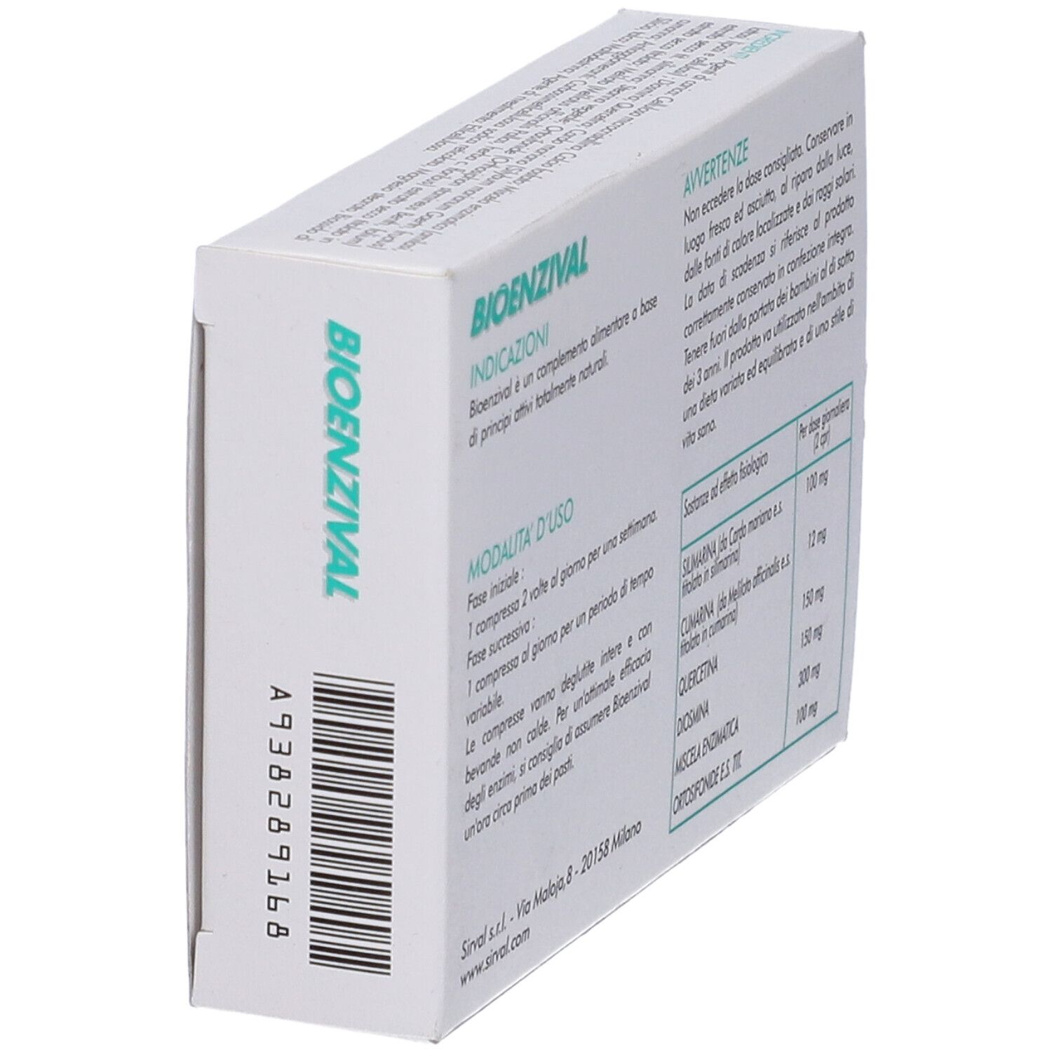 Scatola "BIOENZIVAL" in prospettiva. Retro con testo italiano. Codice a barre e informazioni.