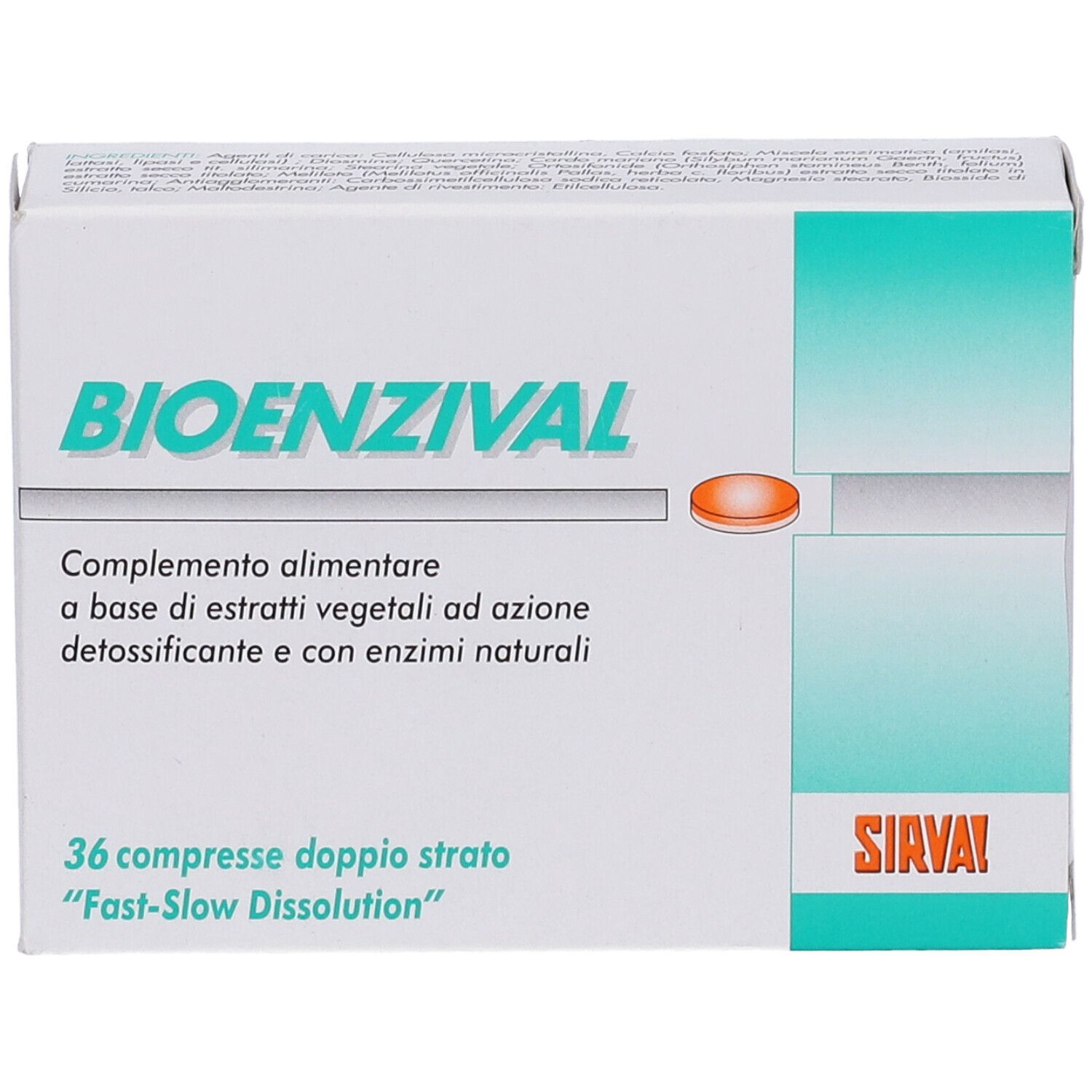Scatola "BIOENZIVAL" con 36 compresse. Testo italiano. Marchio SIAVAI. Compressa arancione.