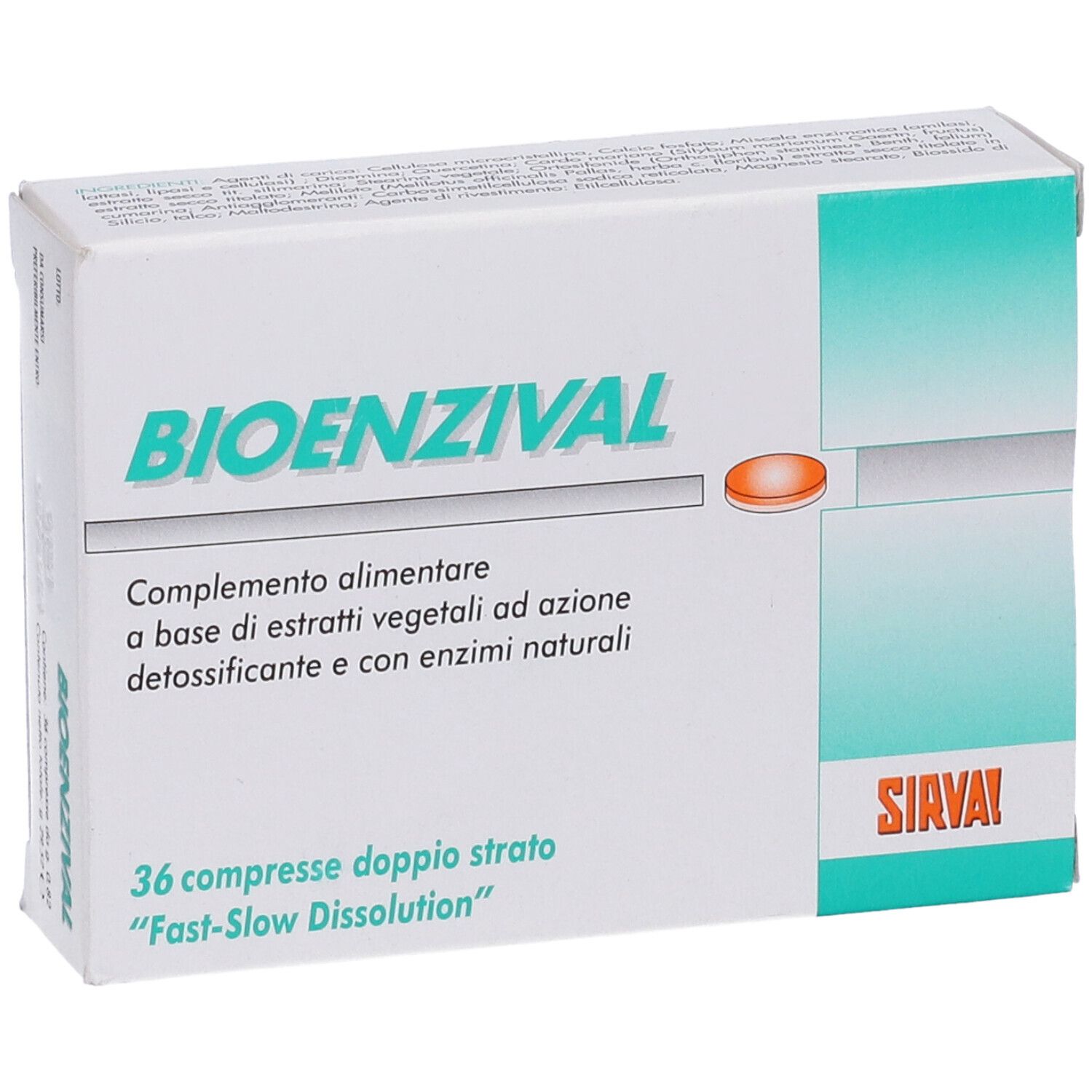Scatola "BIOENZIVAL" con 36 compresse. Testo italiano. Marchio SIAVAI. Compressa arancione.