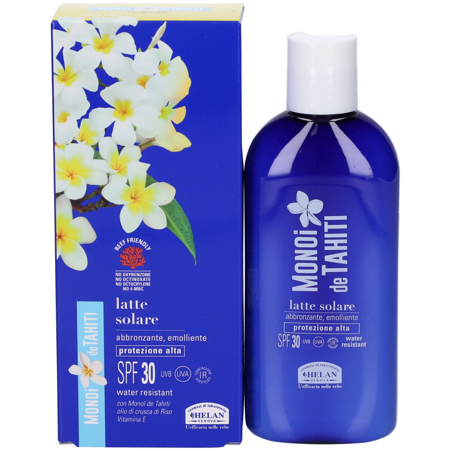 Scatola e flacone blu. Scritta: MONOI de TAHITI, Latte solare SPF30. Resistente all'acqua. Immagine: fiori.