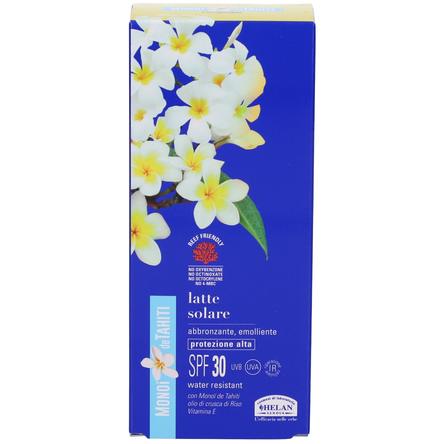 Scatola blu con immagine di fiori. Scritta: MONOI de TAHITI, Latte solare SPF30. Resistente all'acqua.