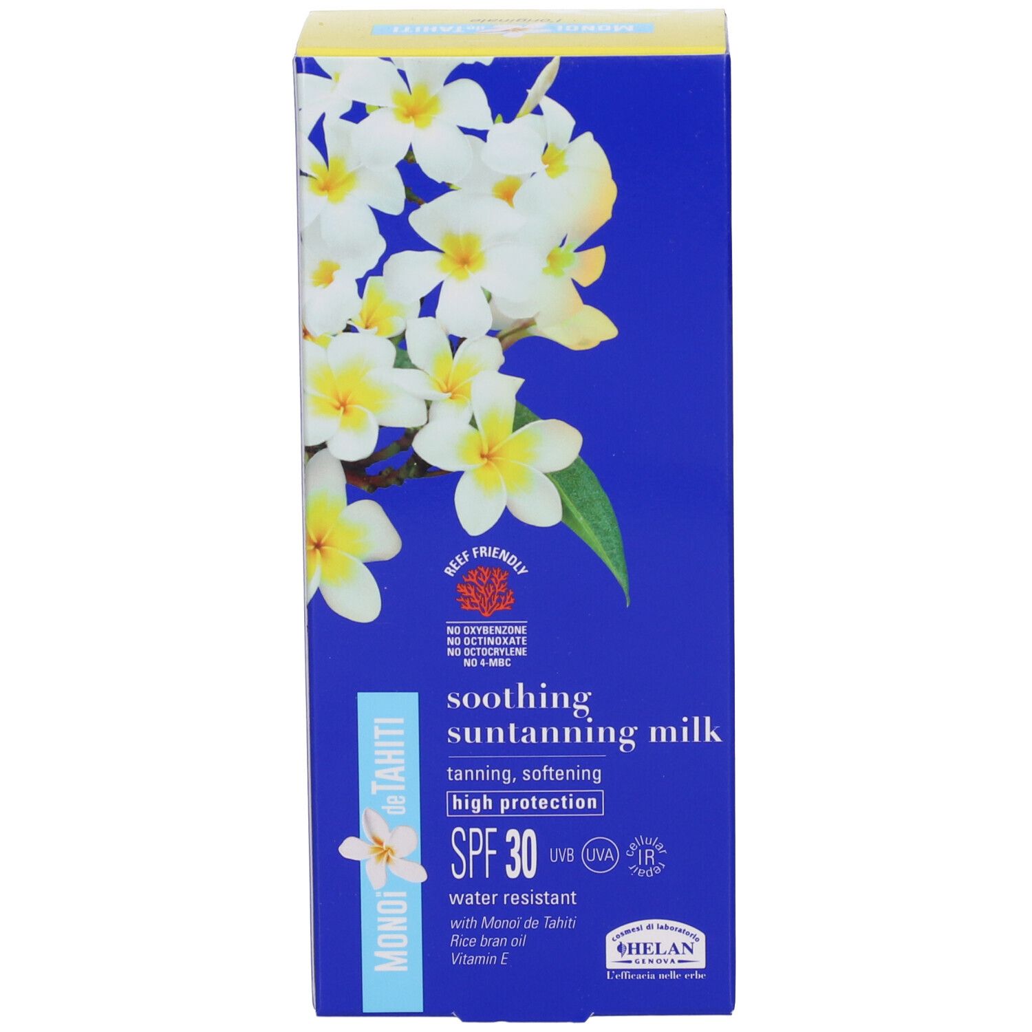 Scatola blu con immagine di fiori. Scritta: MONOI de TAHITI, Soothing suntanning milk, SPF30. Resistente all'acqua.