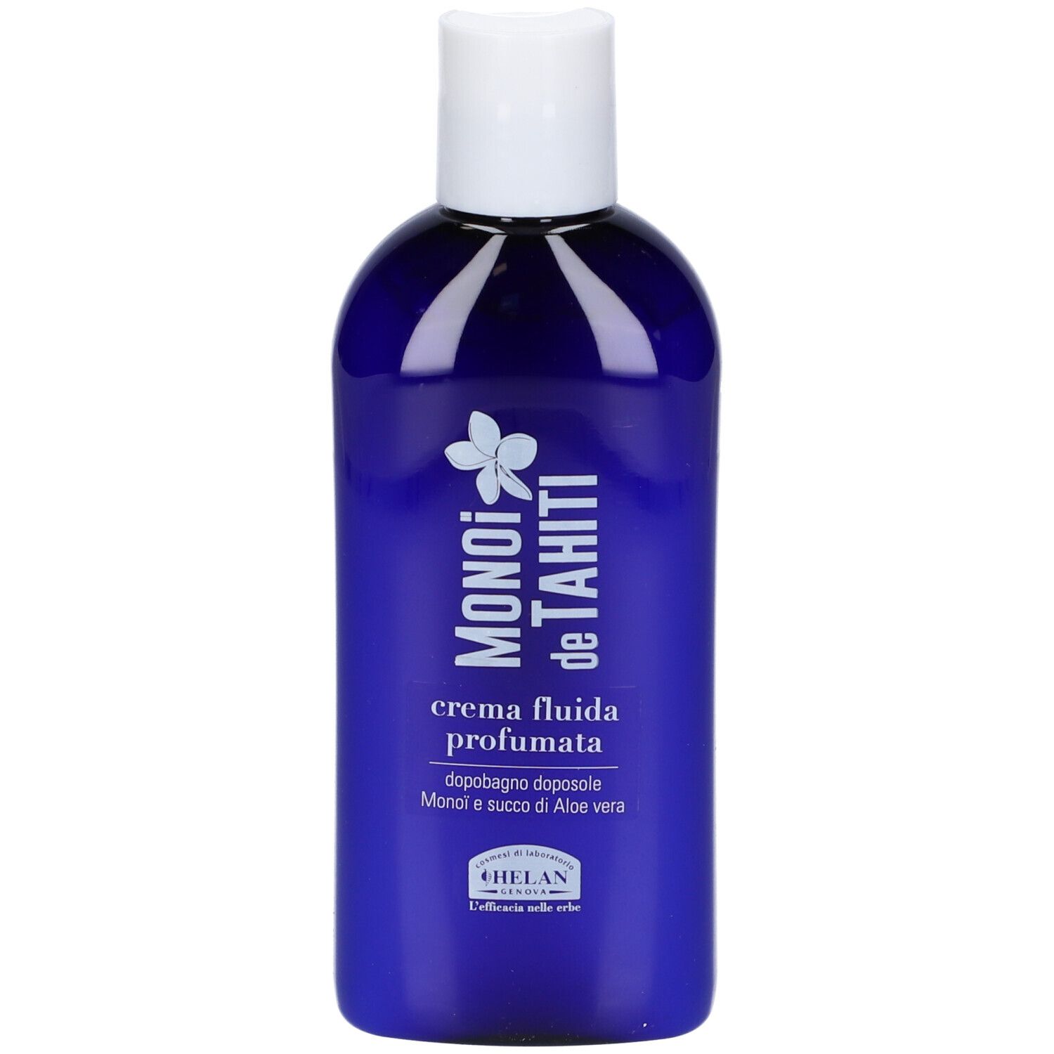 Flacone blu con tappo bianco. Sul flacone è scritto MONOI de TAHITI Crema Fluida Profumata. Sotto, Helan.