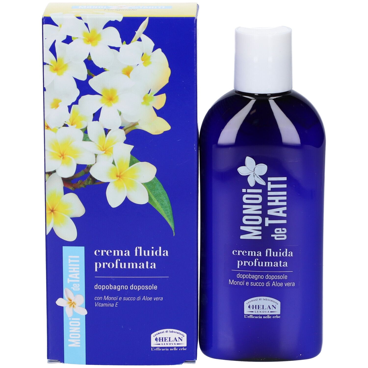 Flacone blu e scatola. Sul flacone è scritto MONOI de TAHITI Crema Fluida Profumata. Sulla scatola sono raffiorati fiori bianchi.