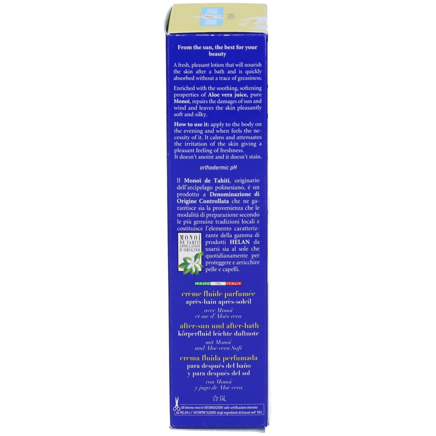Scatola blu con testo. Sulla scatola è scritto MONOI de TAHITI Crema Fluida Profumata. Informazioni sul retro.