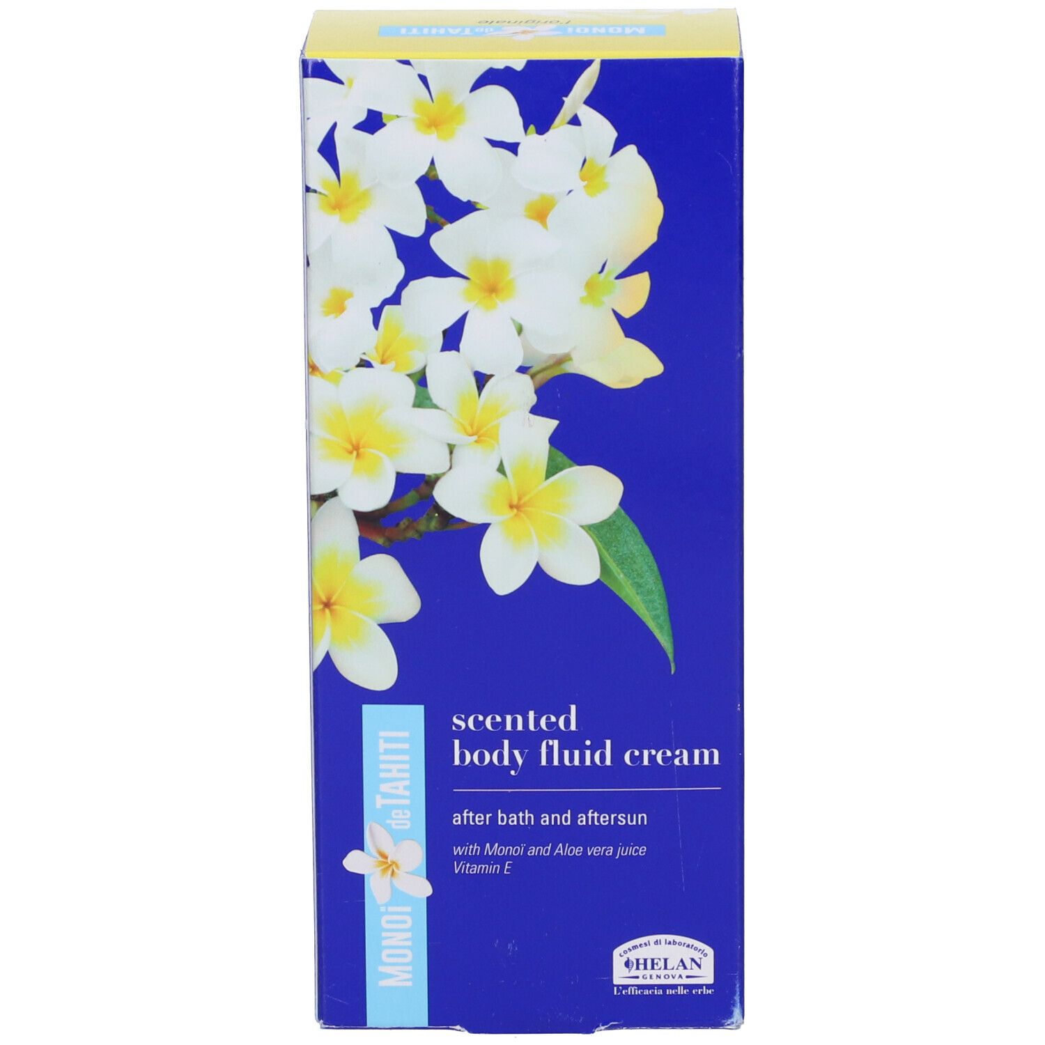 Scatola blu con fiori bianchi. Sulla scatola è scritto MONOI de TAHITI Scented body fluid cream. Sotto, Helan.
