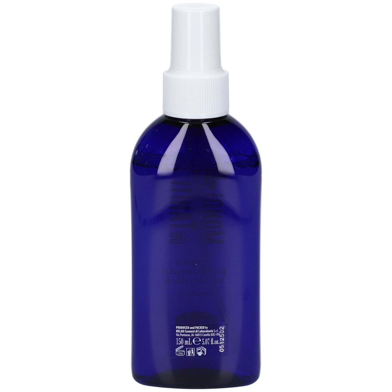 Flacone blu con vaporizzatore bianco. Retro con testo e simboli. Nessun nome del prodotto visibile.