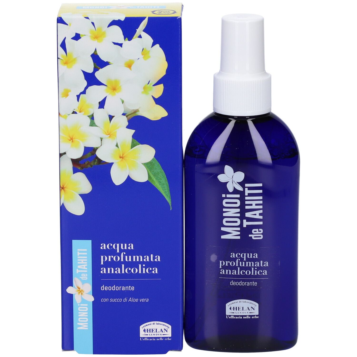 Prodotto e confezione. Scatola blu con motivo floreale e flacone. Scritta: MONOI de TAHITI, acqua profumata analcoolica, deodorant. Marchio: HELAN.