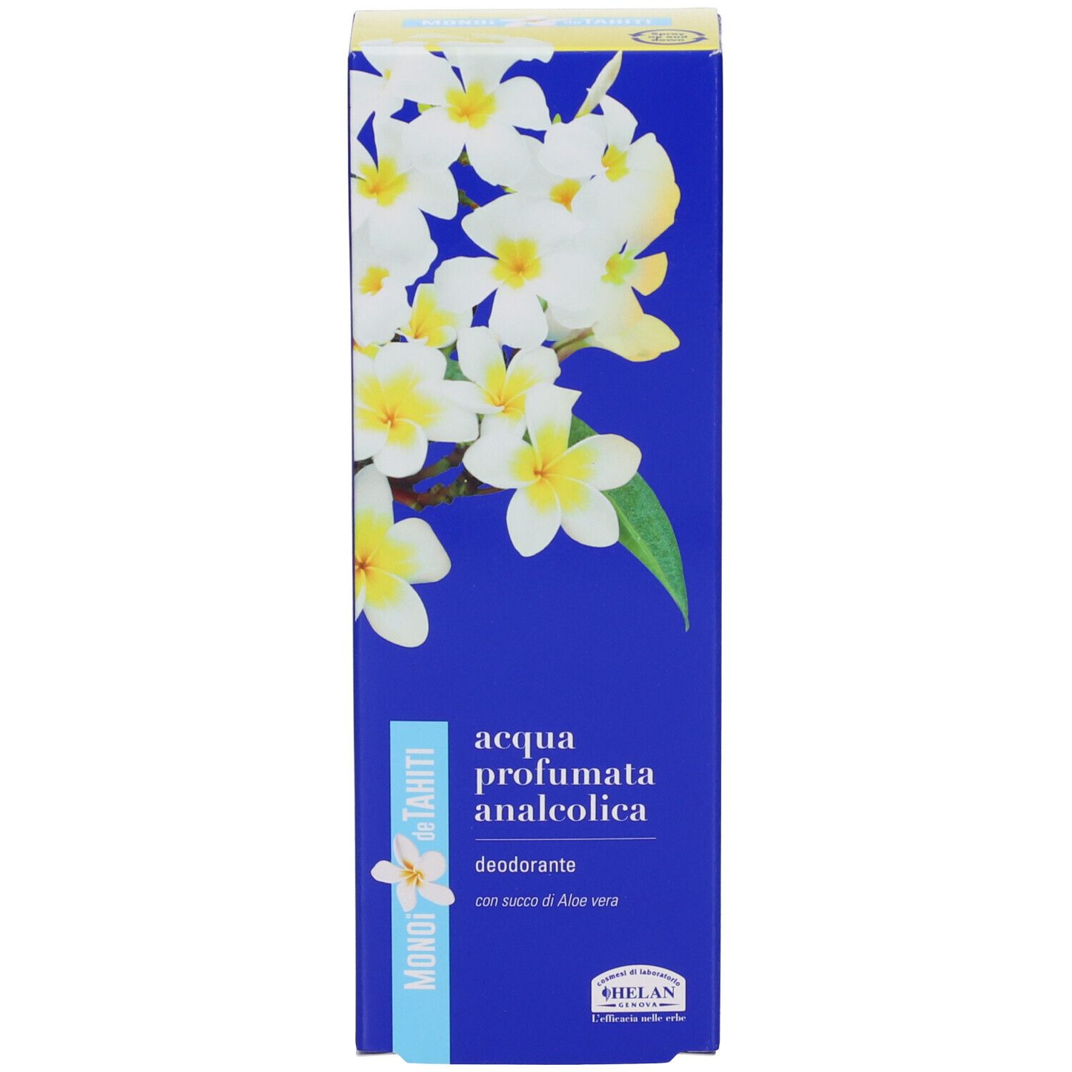 Scatola blu con motivo floreale. Scritta: MONOI de TAHITI, acqua profumata analcoolica, deodorant. Marchio: HELAN.