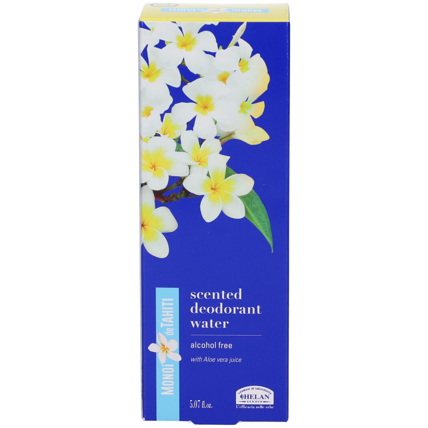 Scatola blu con motivo floreale. Scritta: MONOI de TAHITI, scented deodorant water, alcohol free. Marchio: HELAN.
