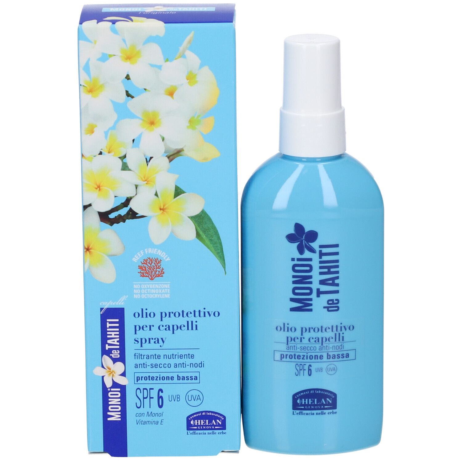 Prodotto con confezione. Flacone azzurro e scatola con fiori. Scritta: Monoi de Tahiti, SPF 6. Marchio: Helan.