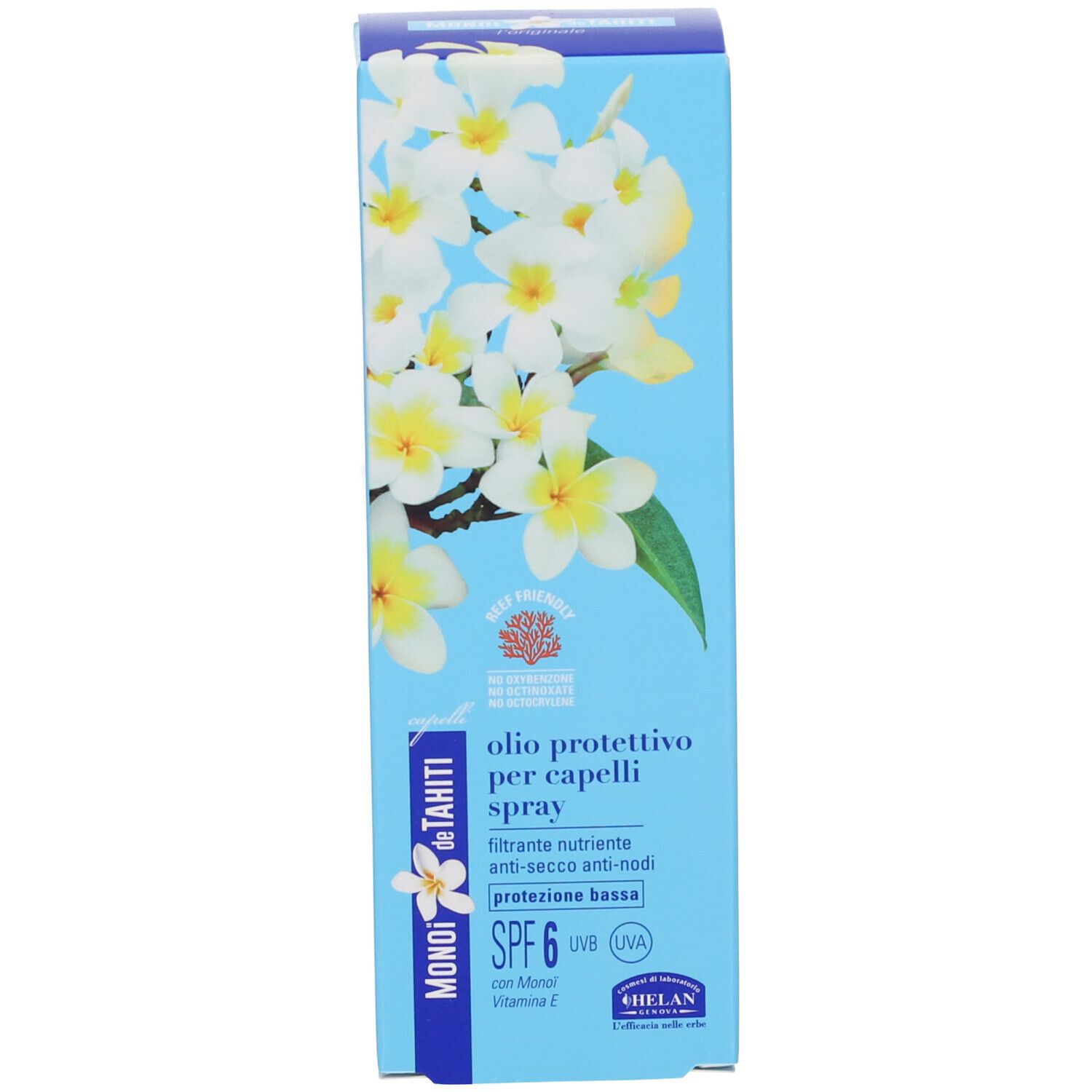 Confezione in cartone con fiori e informazioni sul prodotto. Scritta: Monoi de Tahiti, SPF 6. Marchio: Helan.