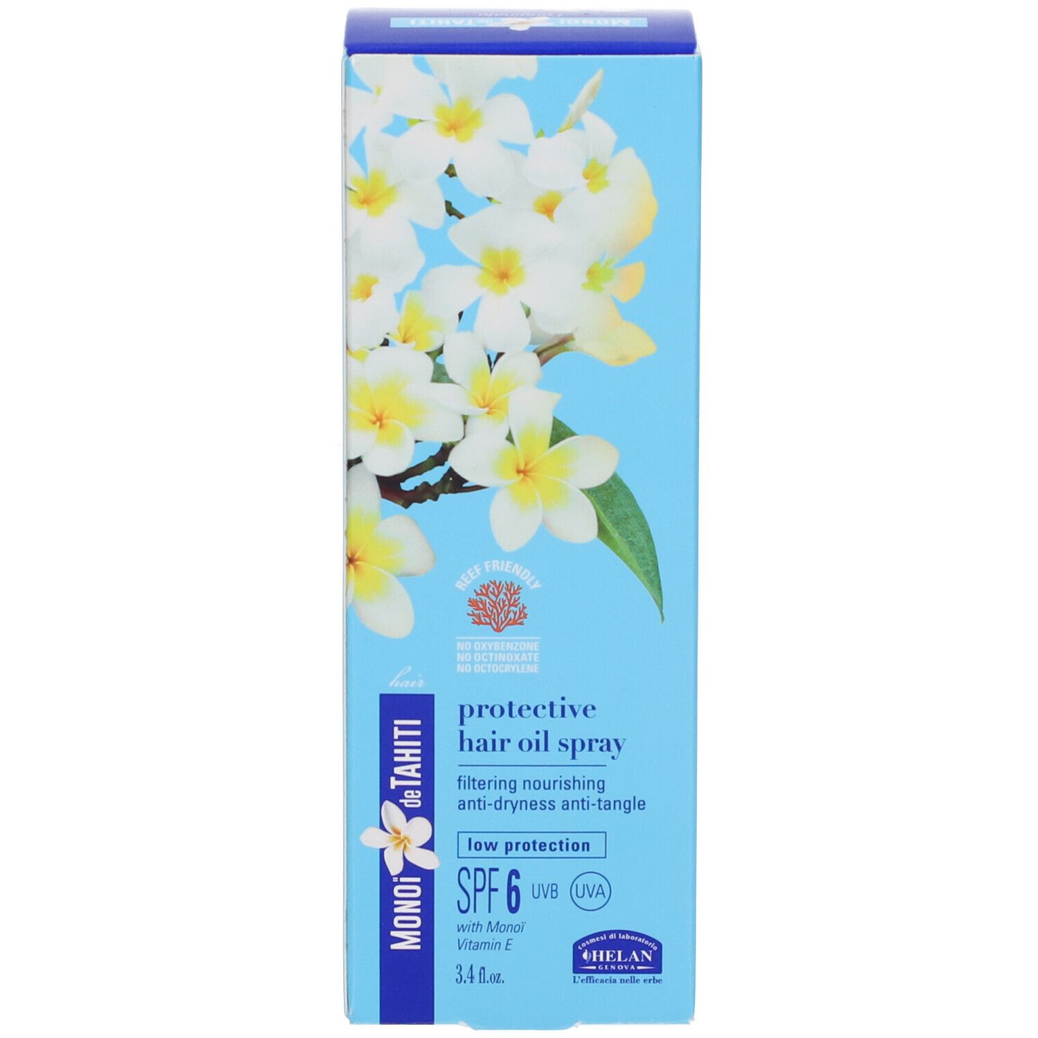 Fronte della confezione in cartone. Motivo floreale e informazioni sul prodotto. Scritta: Monoi de Tahiti, SPF 6. Marchio: Helan.