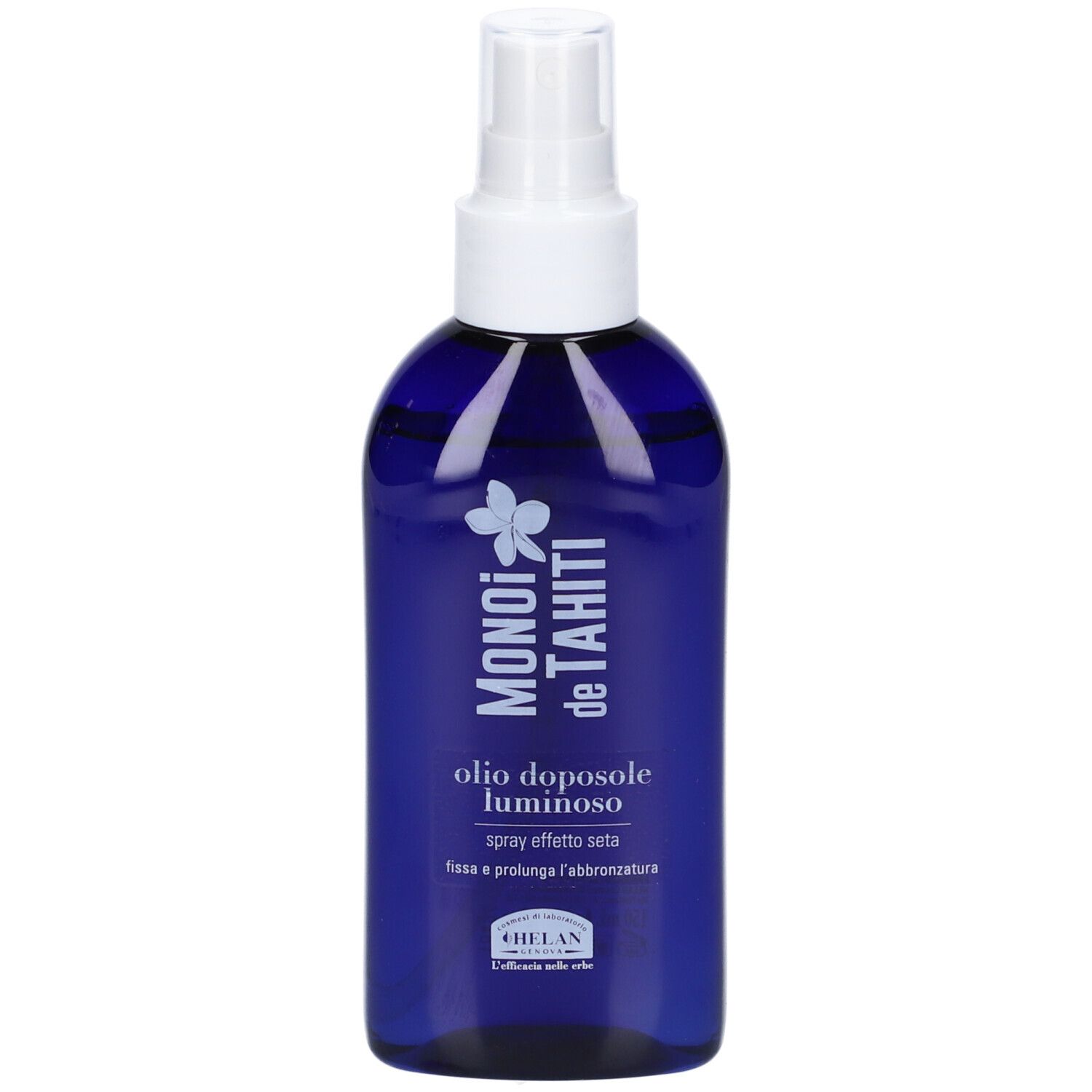 Flacone blu con vaporizzatore bianco. Scritta: MONOI de TAHITI, olio doposole luminoso spray. Marchio HELAN.