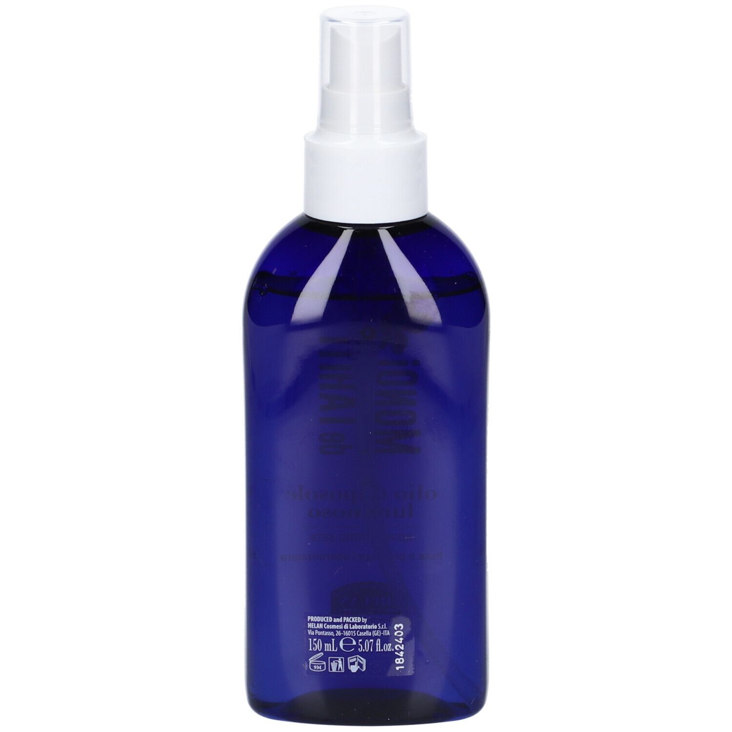 Flacone blu con vaporizzatore bianco. Retro con informazioni sul prodotto e loghi.