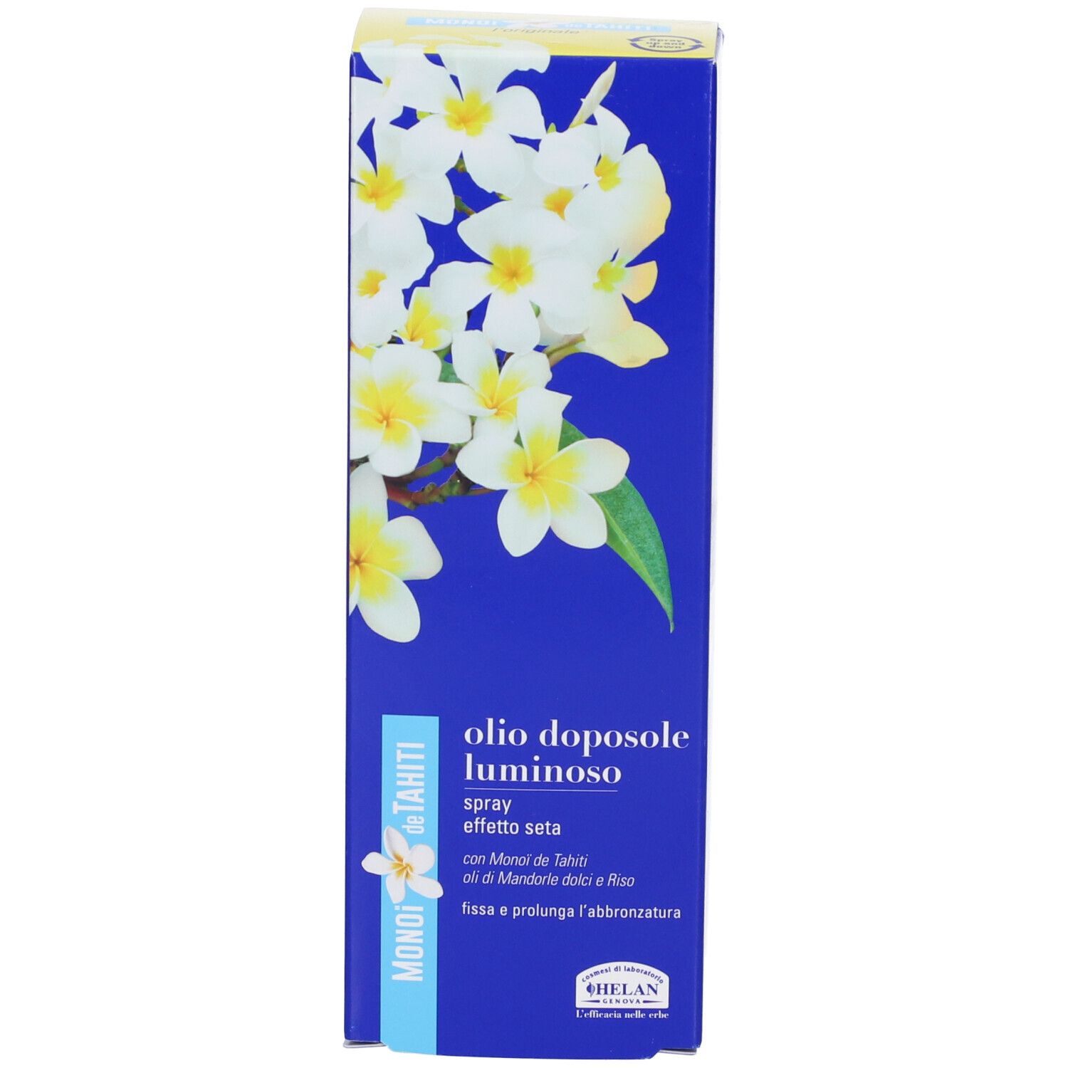 Confezione con motivo floreale. Scritta: MONOI de TAHITI, olio doposole luminoso spray. Marchio HELAN.